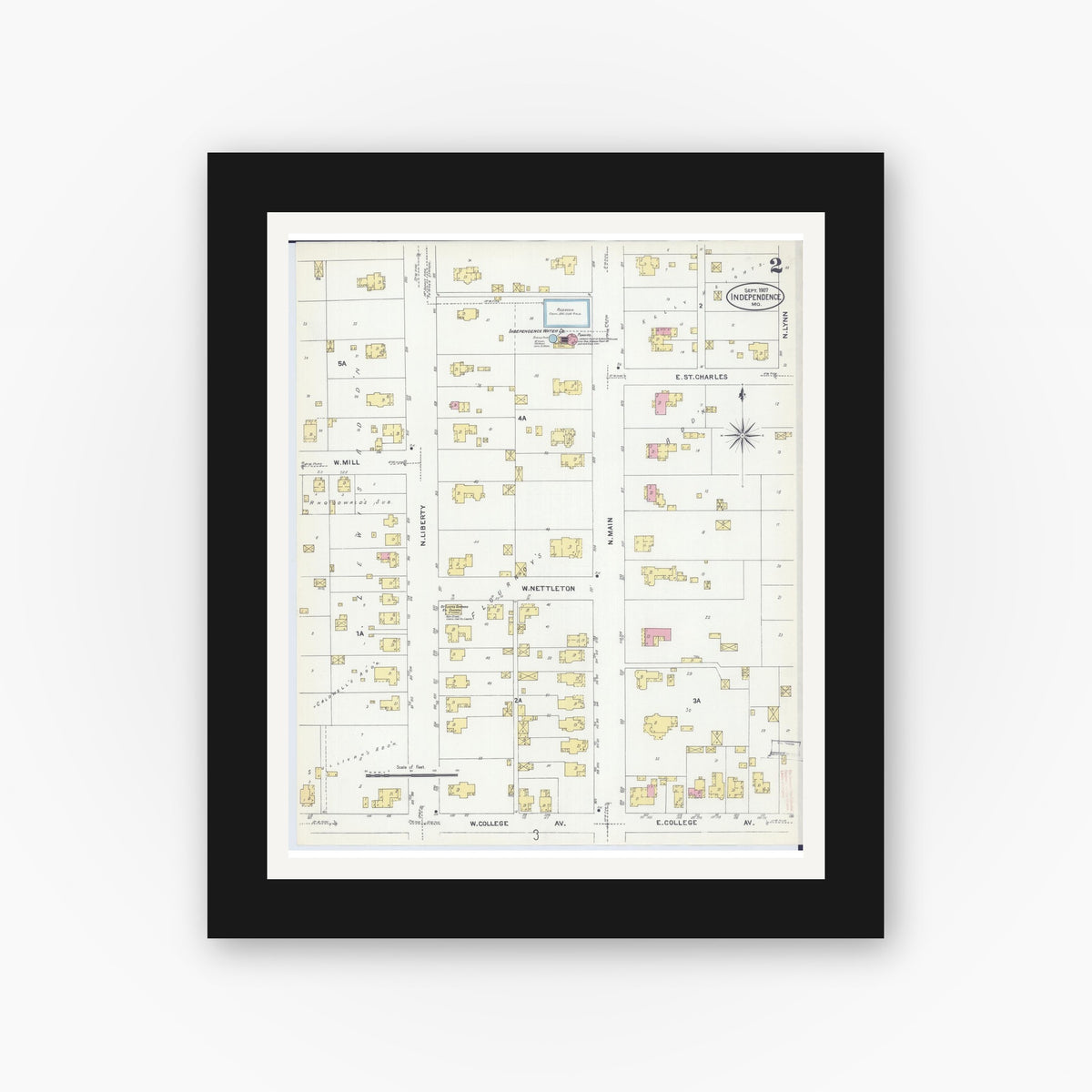 Old map wall art mockup — black gallery frame with white mat — Sanborn Fire Insurance Map from Independence, Jackson County, Missouri (1907), Sheet #0002