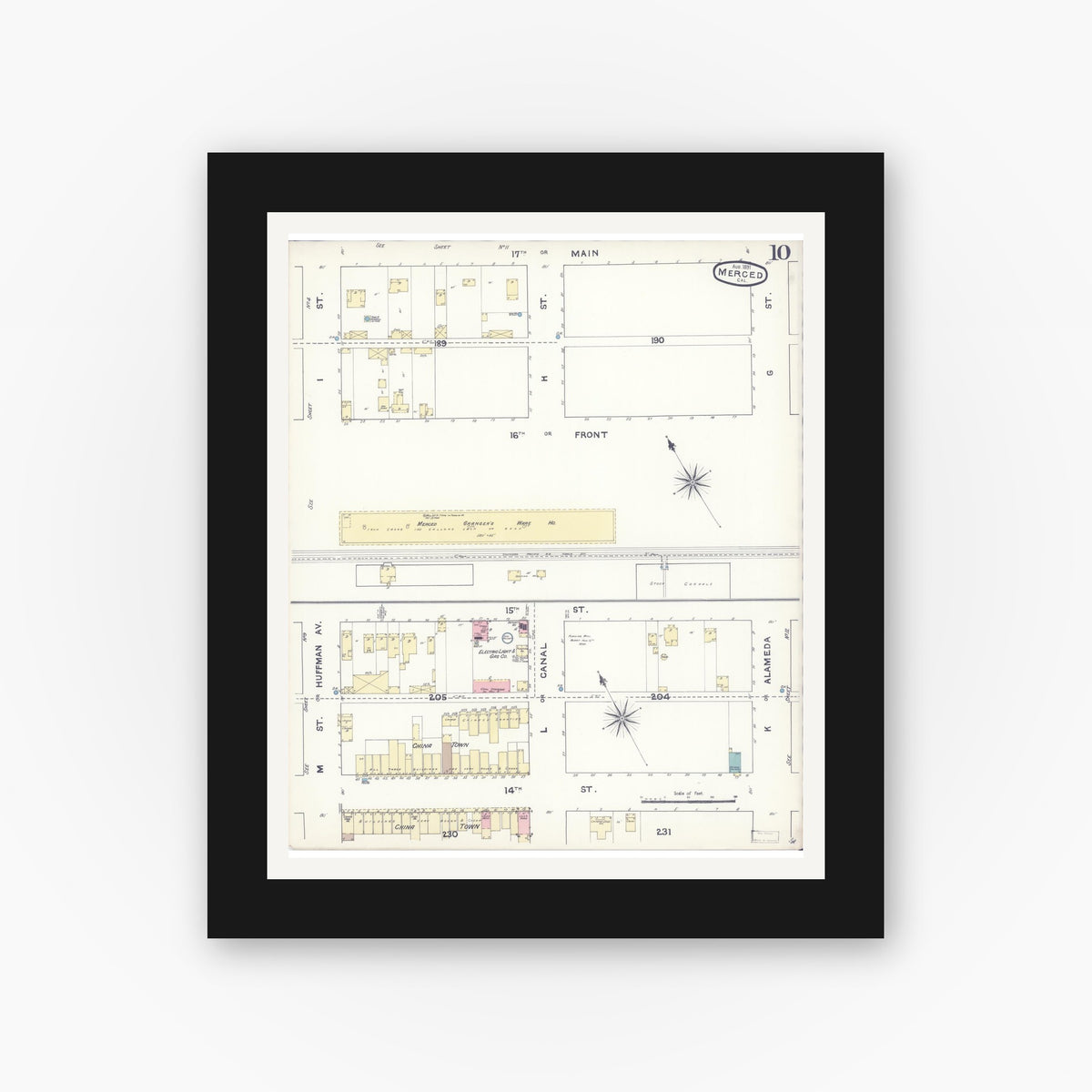 Old map wall art mockup — black gallery frame with white mat — Sanborn Fire Insurance Map from Merced, Merced County, California (1891), Sheet #0010