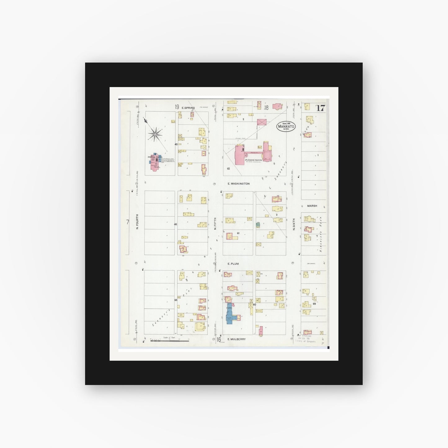Old map wall art mockup — black gallery frame with white mat — Sanborn Fire Insurance Map from Mankato, Blue Earth County, Minnesota (1908), Sheet #0017