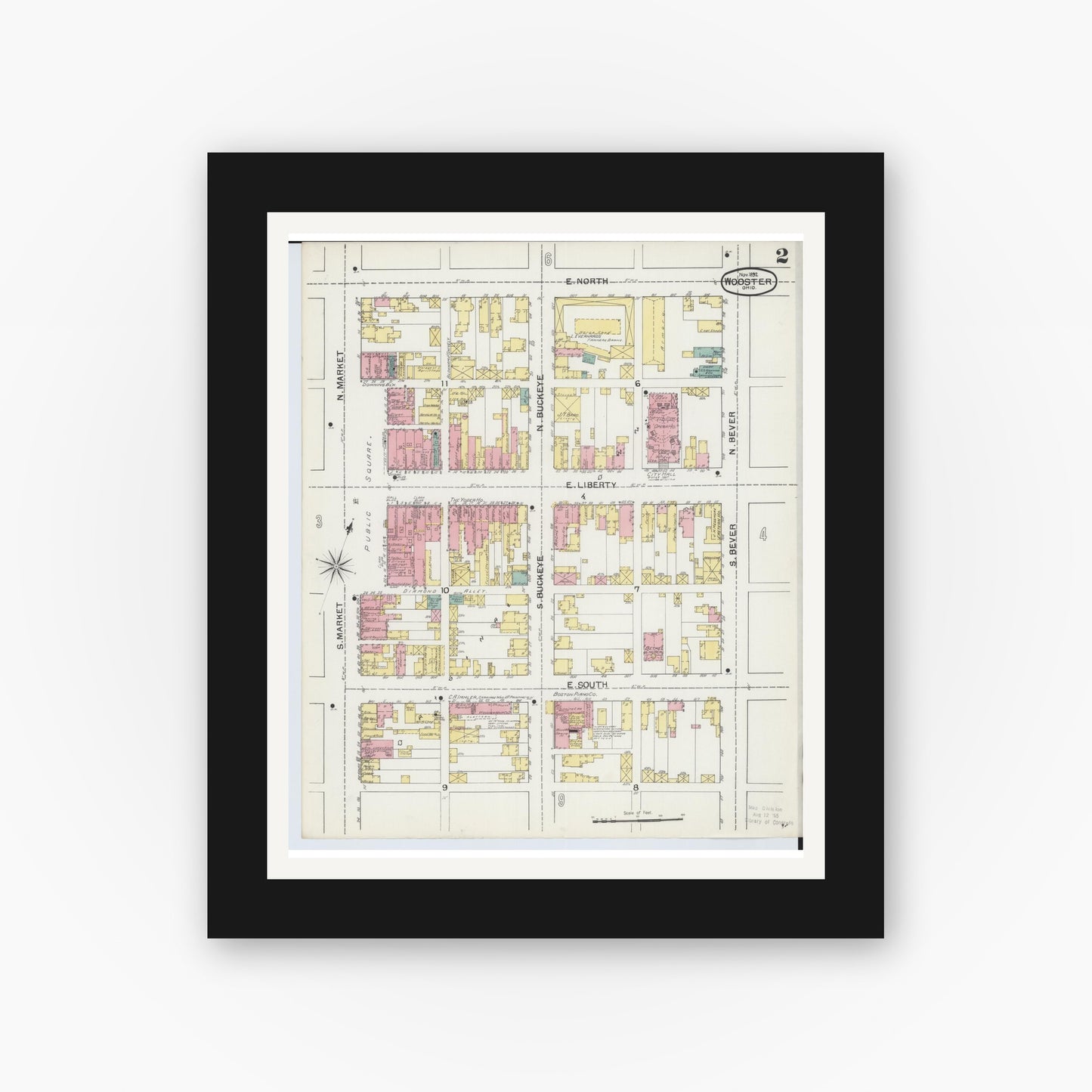Old map wall art mockup — black gallery frame with white mat — Sanborn Fire Insurance Map from Wooster, Wayne County, Ohio (1892), Sheet #0002