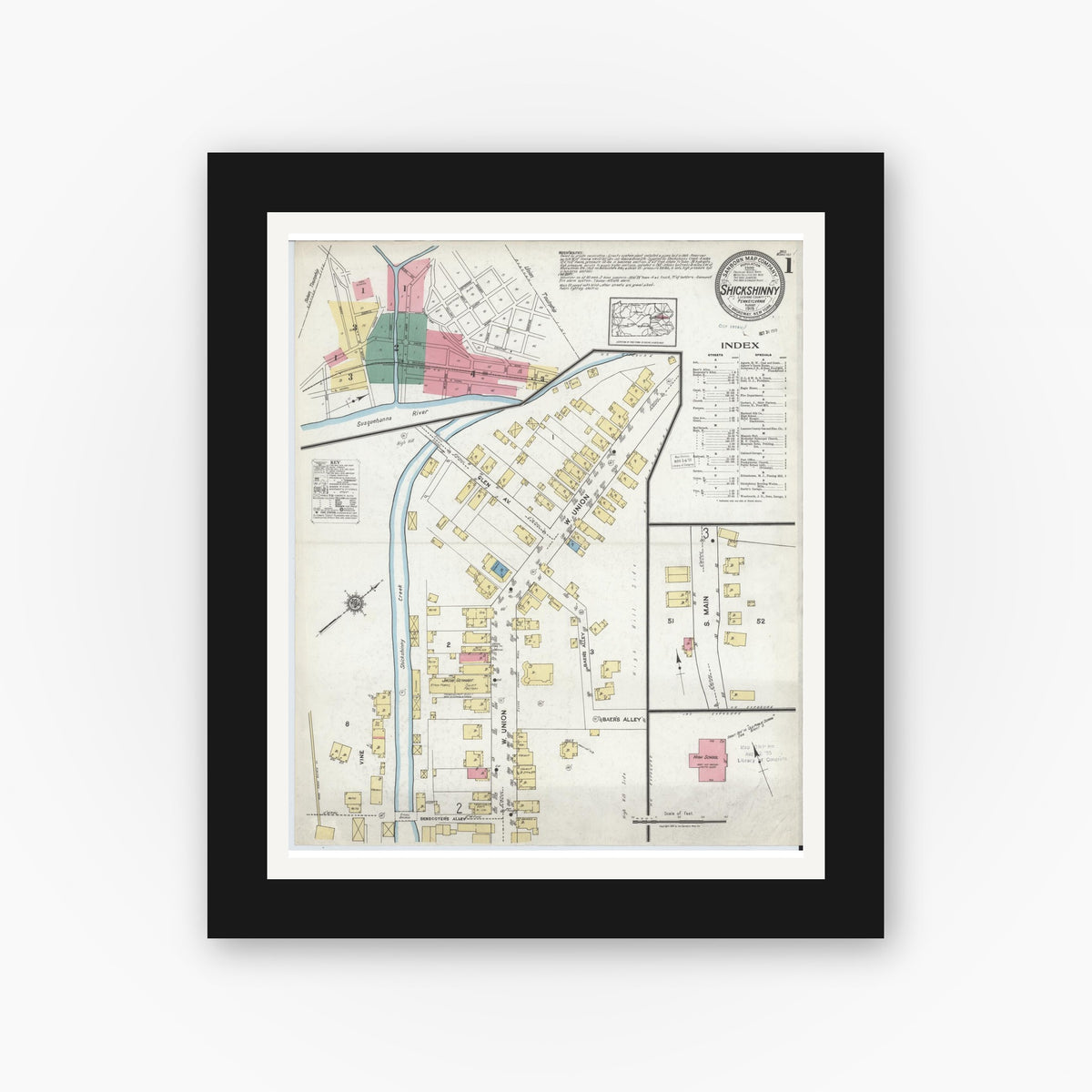 Old map wall art mockup — black gallery frame with white mat — Sanborn Fire Insurance Map from Shickshinny, Luzerne County, Pennsylvania (1919), Sheet #0001