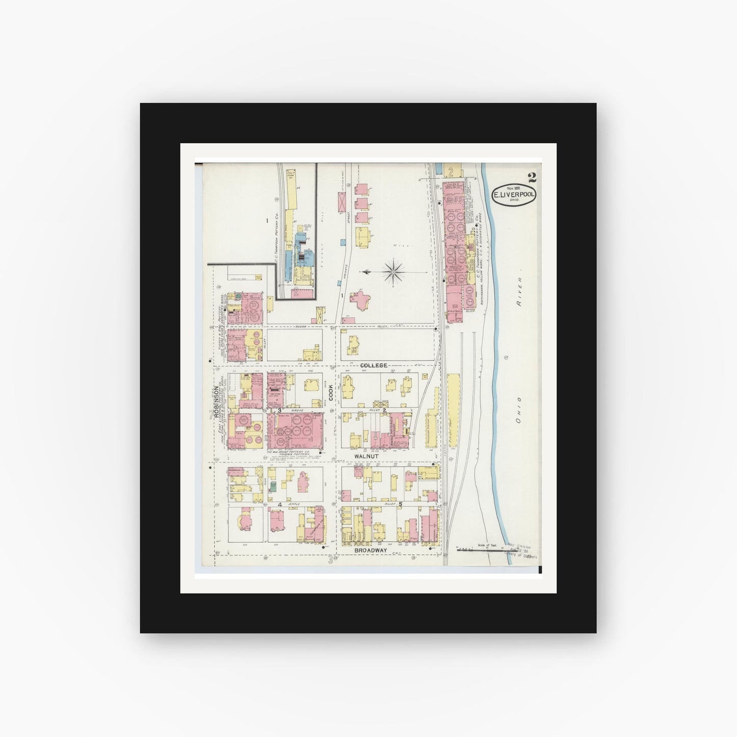 Old map wall art mockup — black gallery frame with white mat — Sanborn Fire Insurance Map from East Liverpool, Columbiana County, Ohio (1892), Sheet #0002