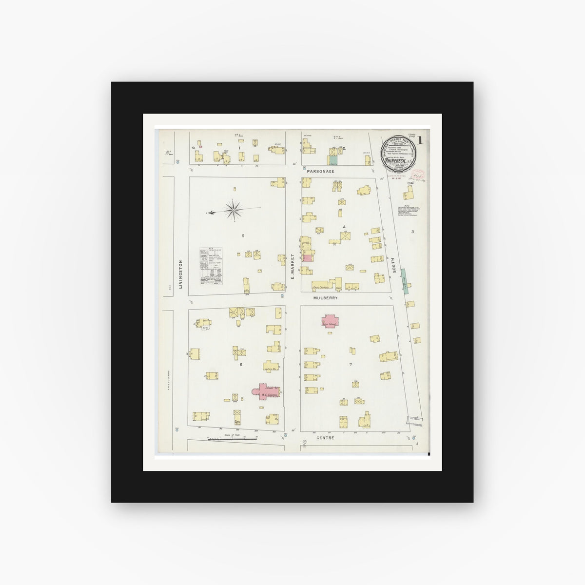 Old map wall art mockup — black gallery frame with white mat — Sanborn Fire Insurance Map from Rhinebeck, Dutchess County, New York (1895) - Complete Map Set
