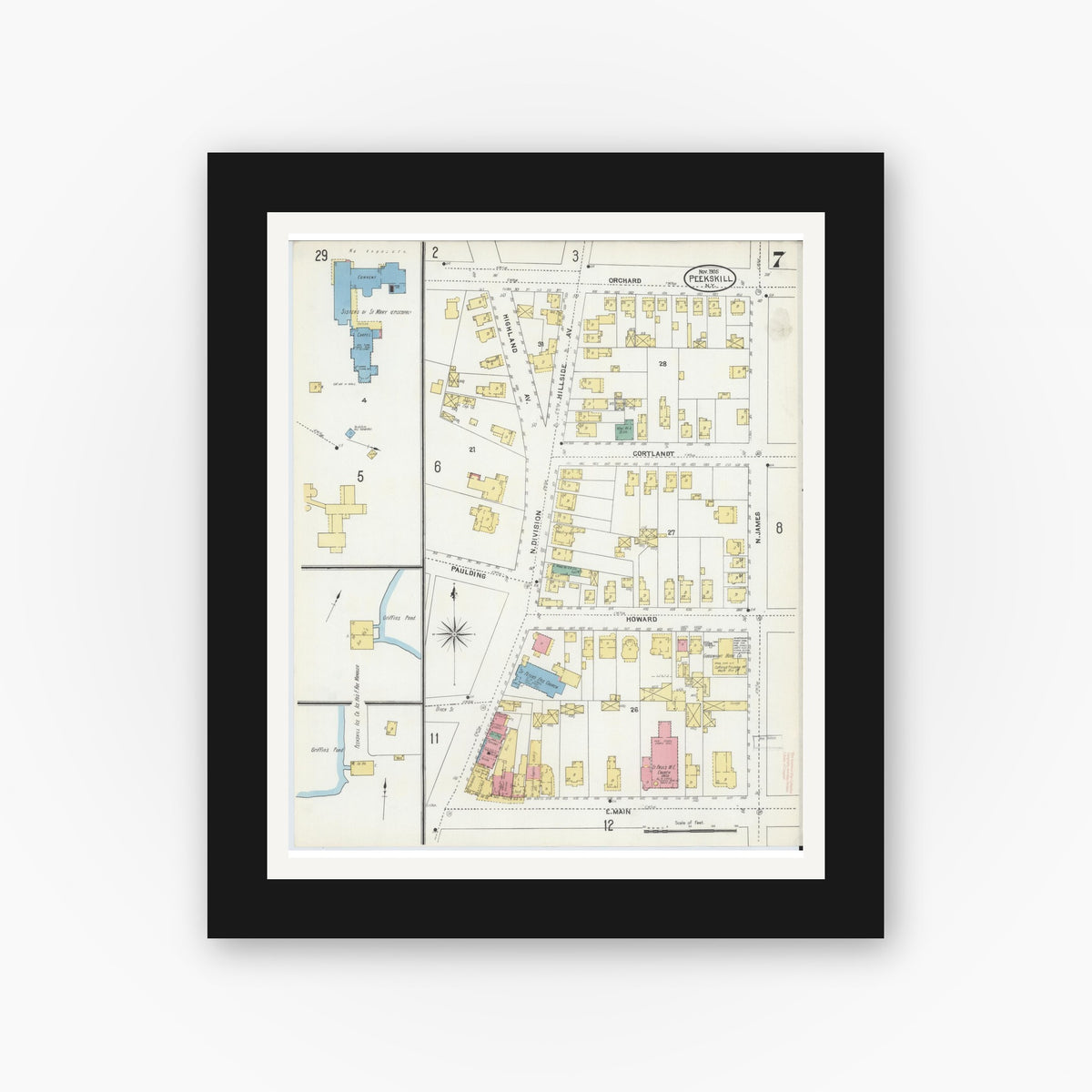 Old map wall art mockup — black gallery frame with white mat — Sanborn Fire Insurance Map from Peekskill, Westchester County, New York (1905), Sheet #0007