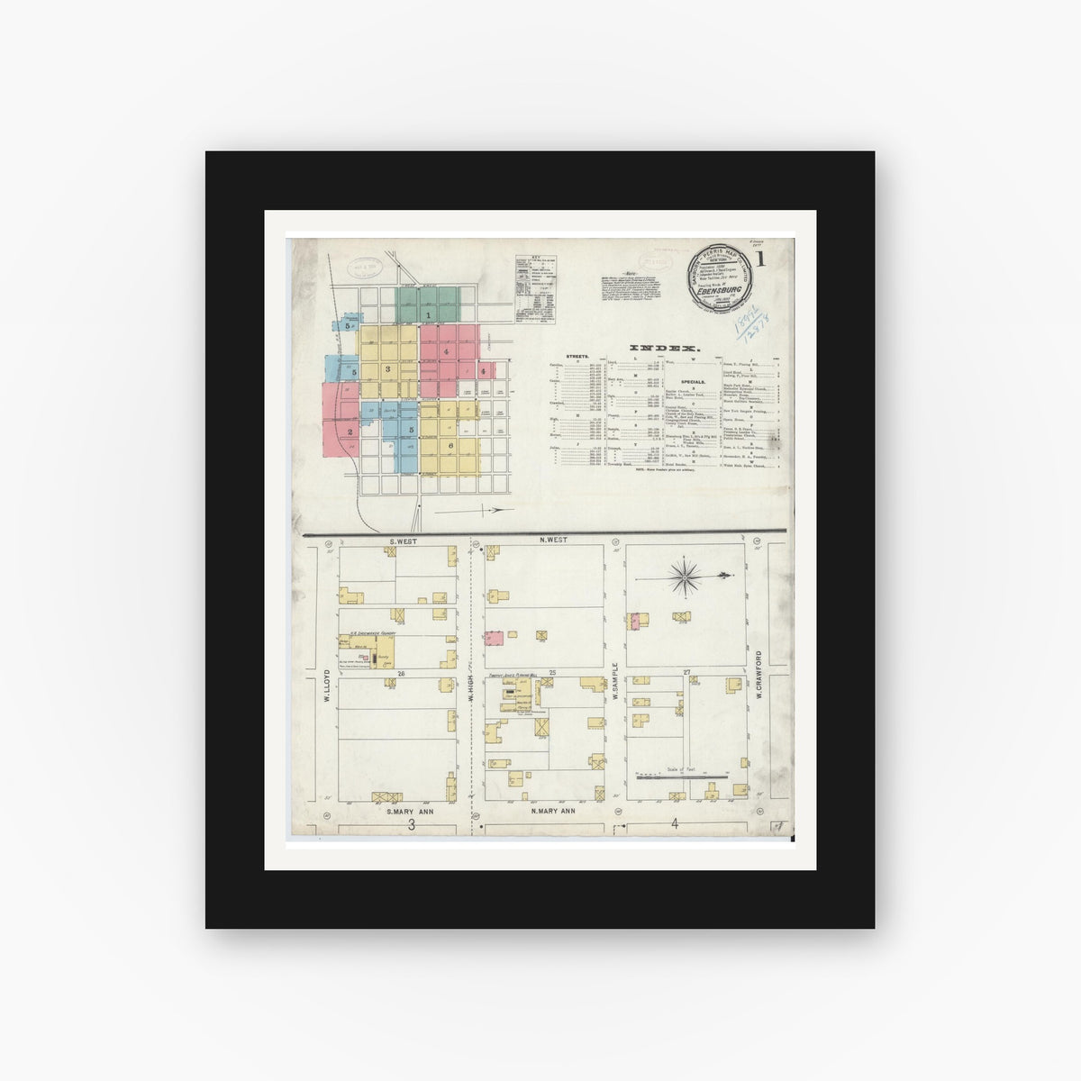 Old map wall art mockup — black gallery frame with white mat — Sanborn Fire Insurance Map from Ebensburg, Cambria County, Pennsylvania (1899) - Complete Map Set