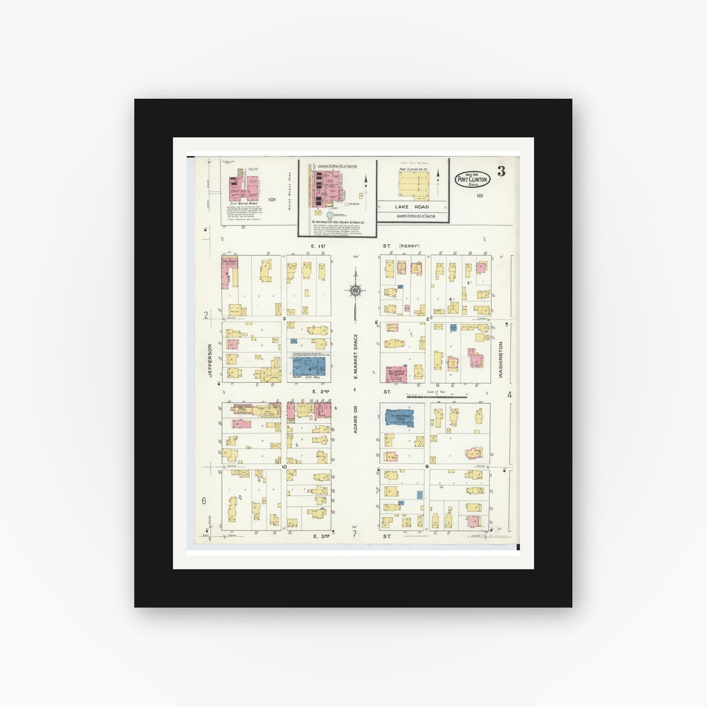 Old map wall art mockup — black gallery frame with white mat — Sanborn Fire Insurance Map from Port Clinton, Ottawa County, Ohio (1916), Sheet #0003