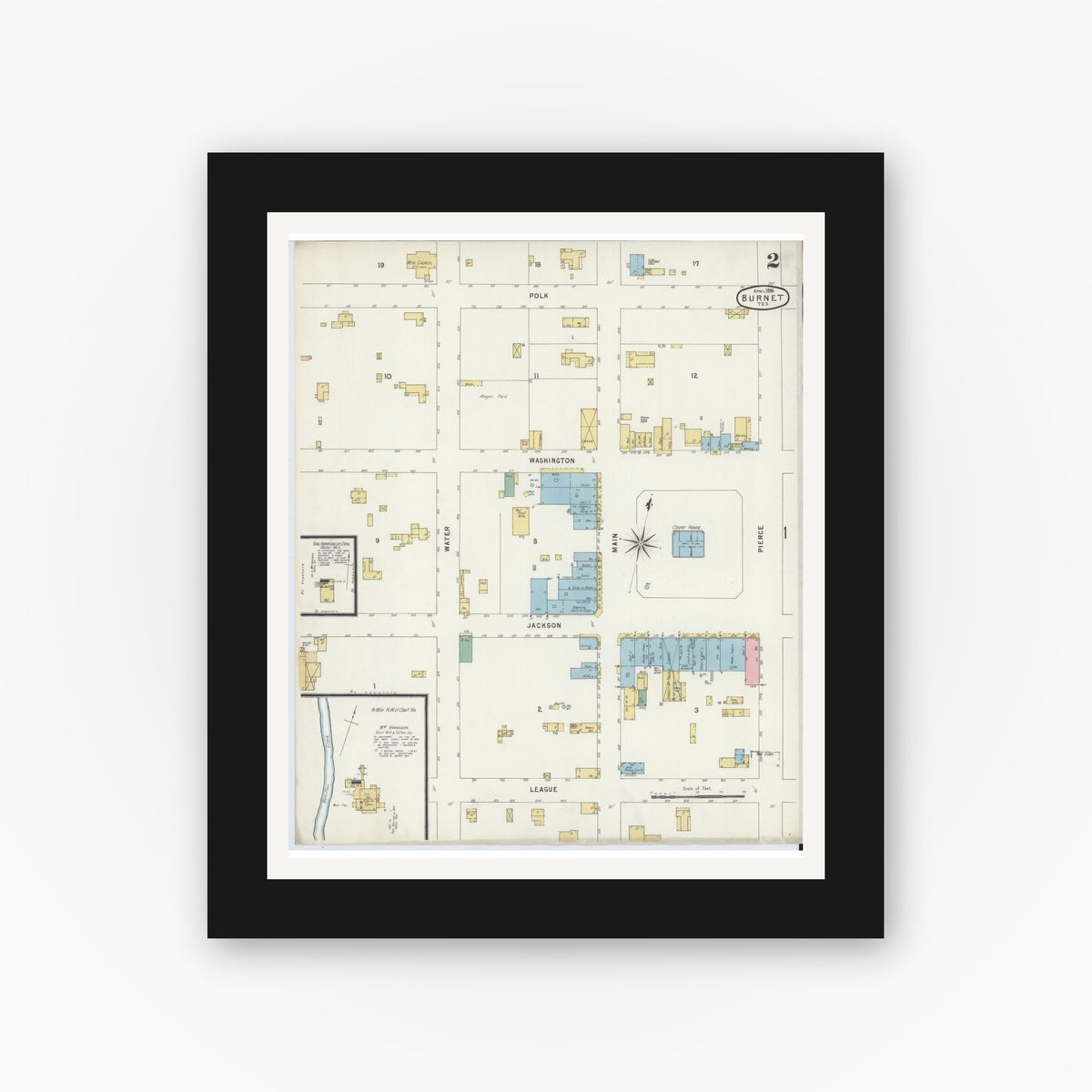 Old map wall art mockup — black gallery frame with white mat — Sanborn Fire Insurance Map from Burnet, Burnet County, Texas (1896), Sheet #0002
