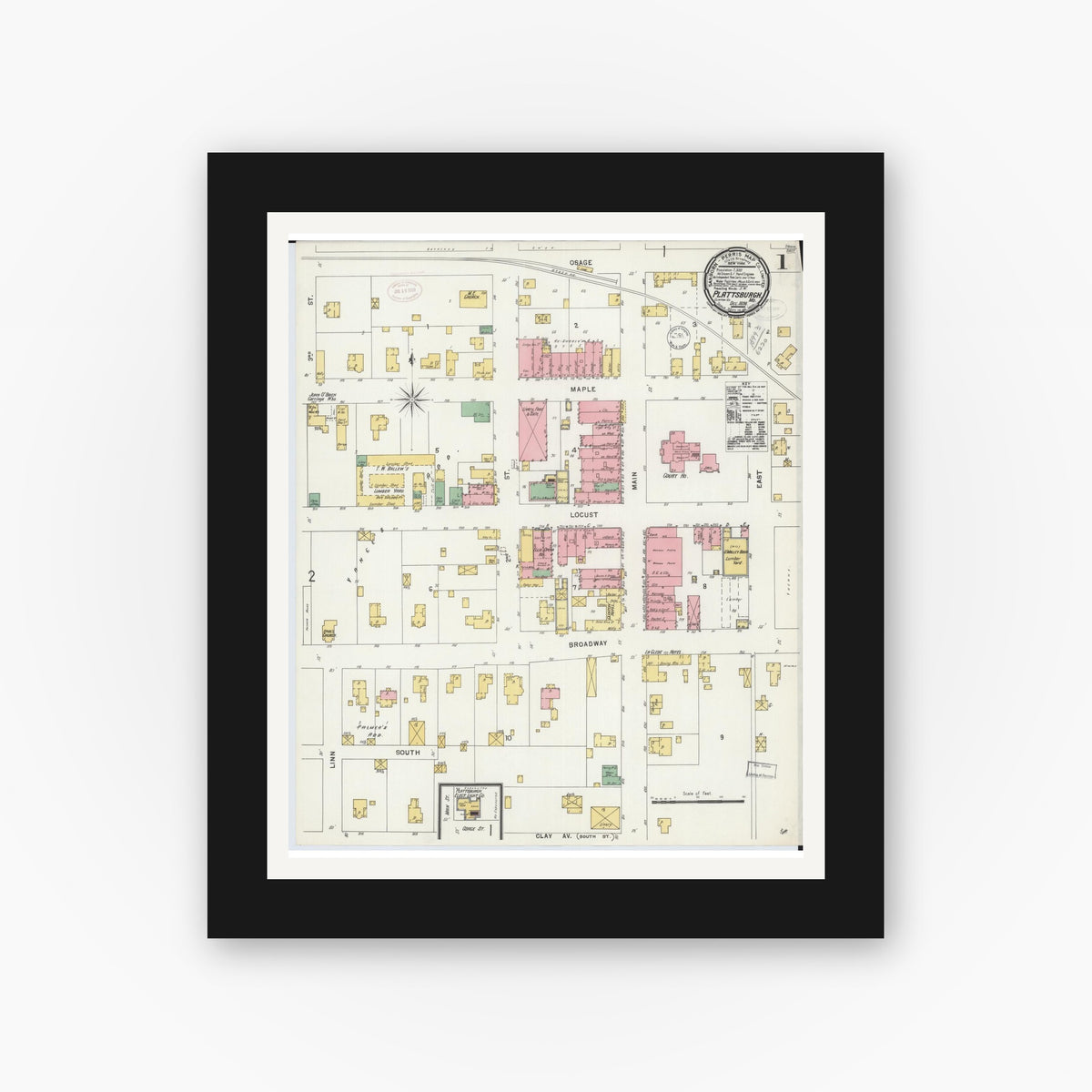 Old map wall art mockup — black gallery frame with white mat — Sanborn Fire Insurance Map from Plattsburg, Clinton County, Missouri (1898), Sheet #0001