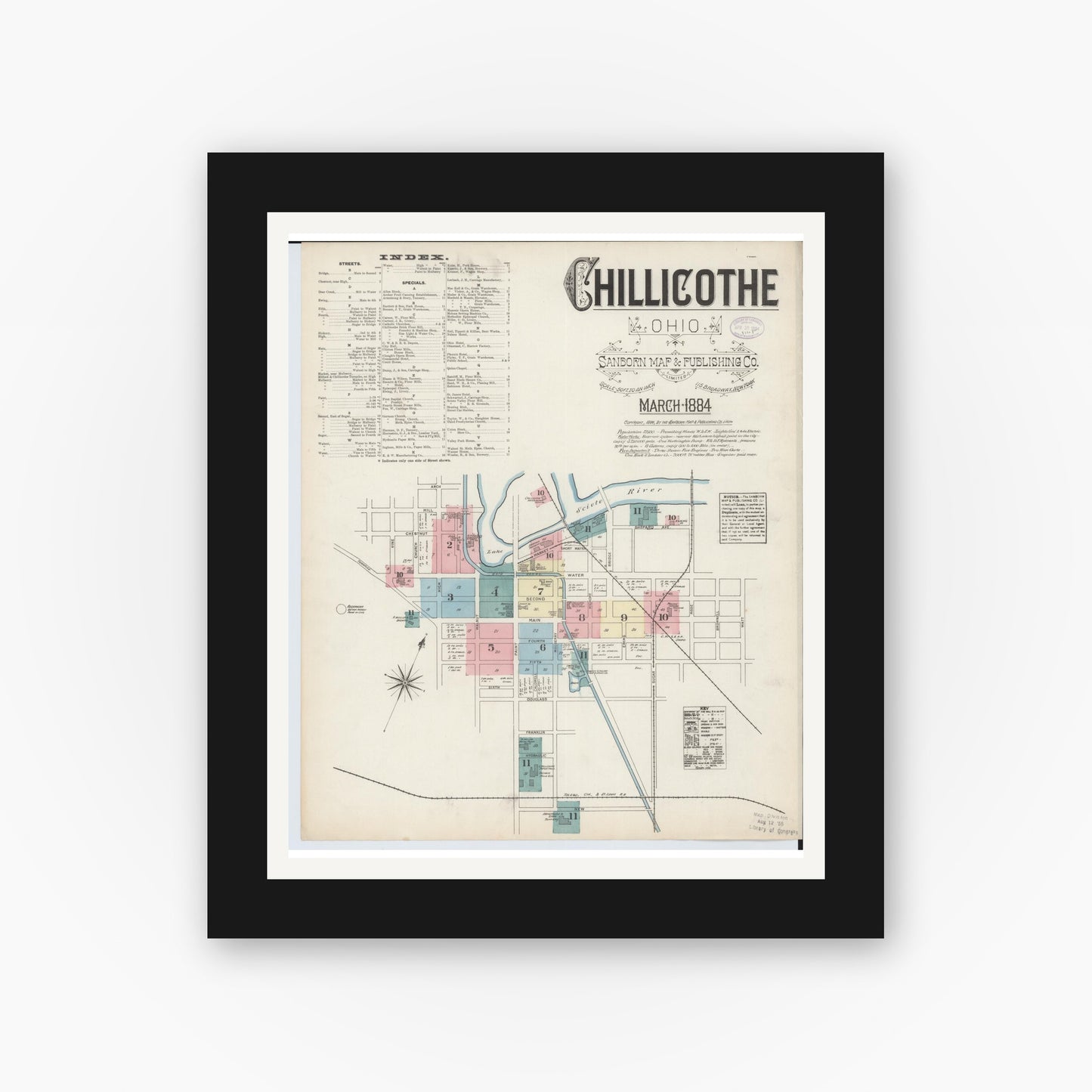 Old map wall art mockup — black gallery frame with white mat — Sanborn Fire Insurance Map from Chillicothe, Ross County, Ohio (1884), Sheet #0001