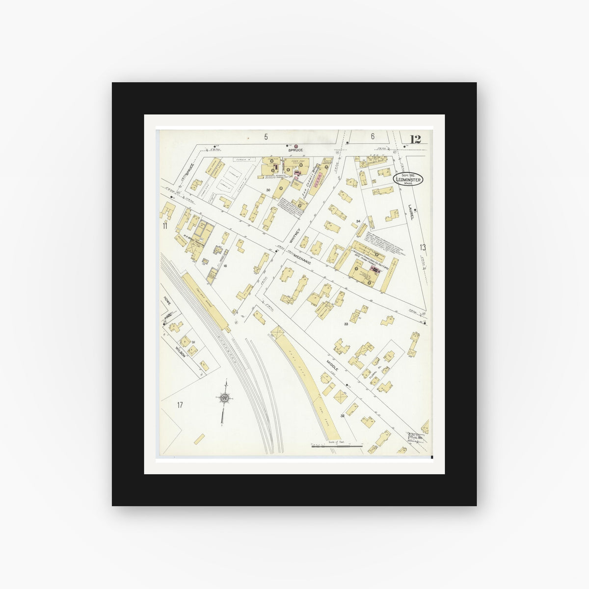 Old map wall art mockup — black gallery frame with white mat — Sanborn Fire Insurance Map from Leominster, Worcester County, Massachusetts (1912), Sheet #0012