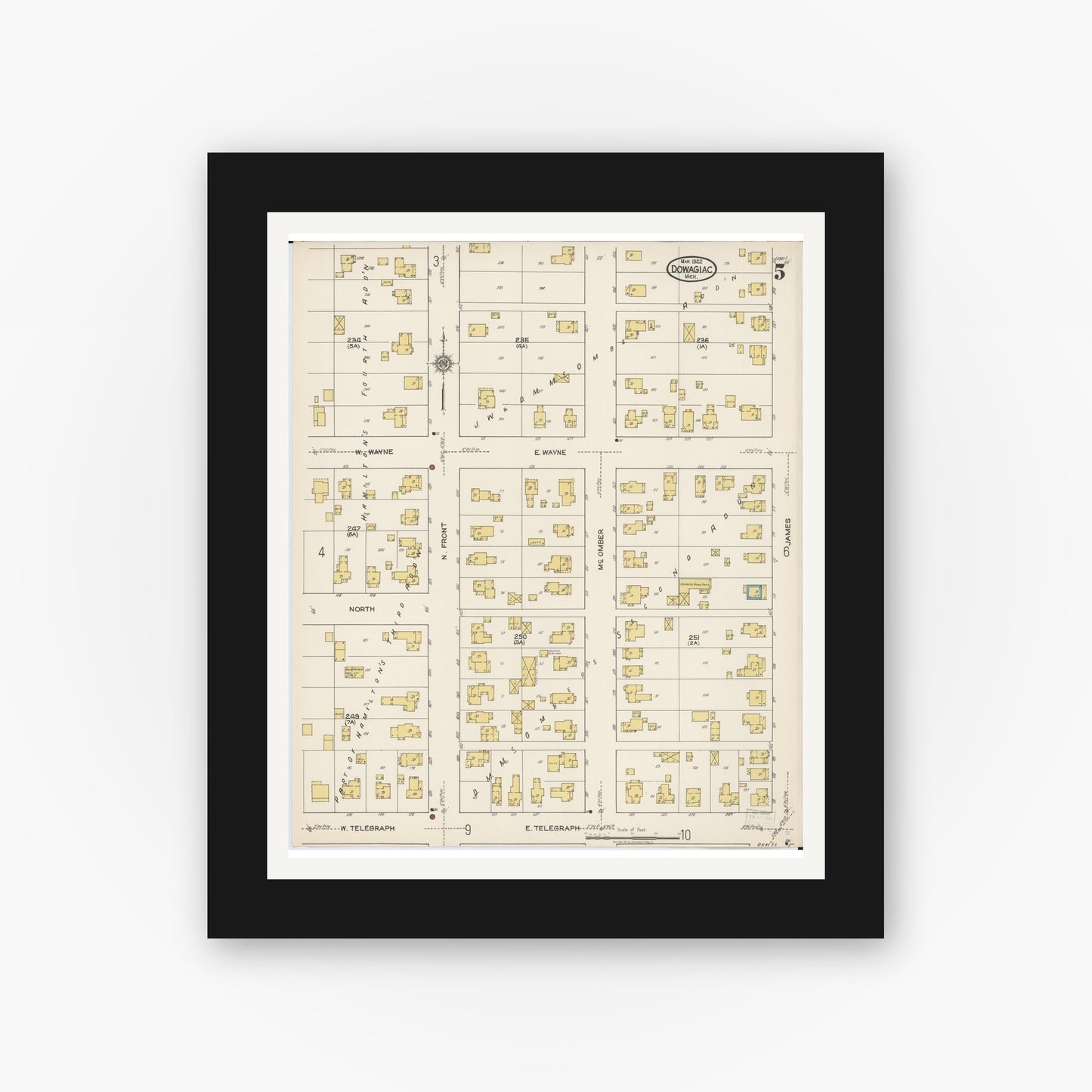 Old map wall art mockup — black gallery frame with white mat — Sanborn Fire Insurance Map from Dowagiac, Cass County, Michigan (1922), Sheet #0005