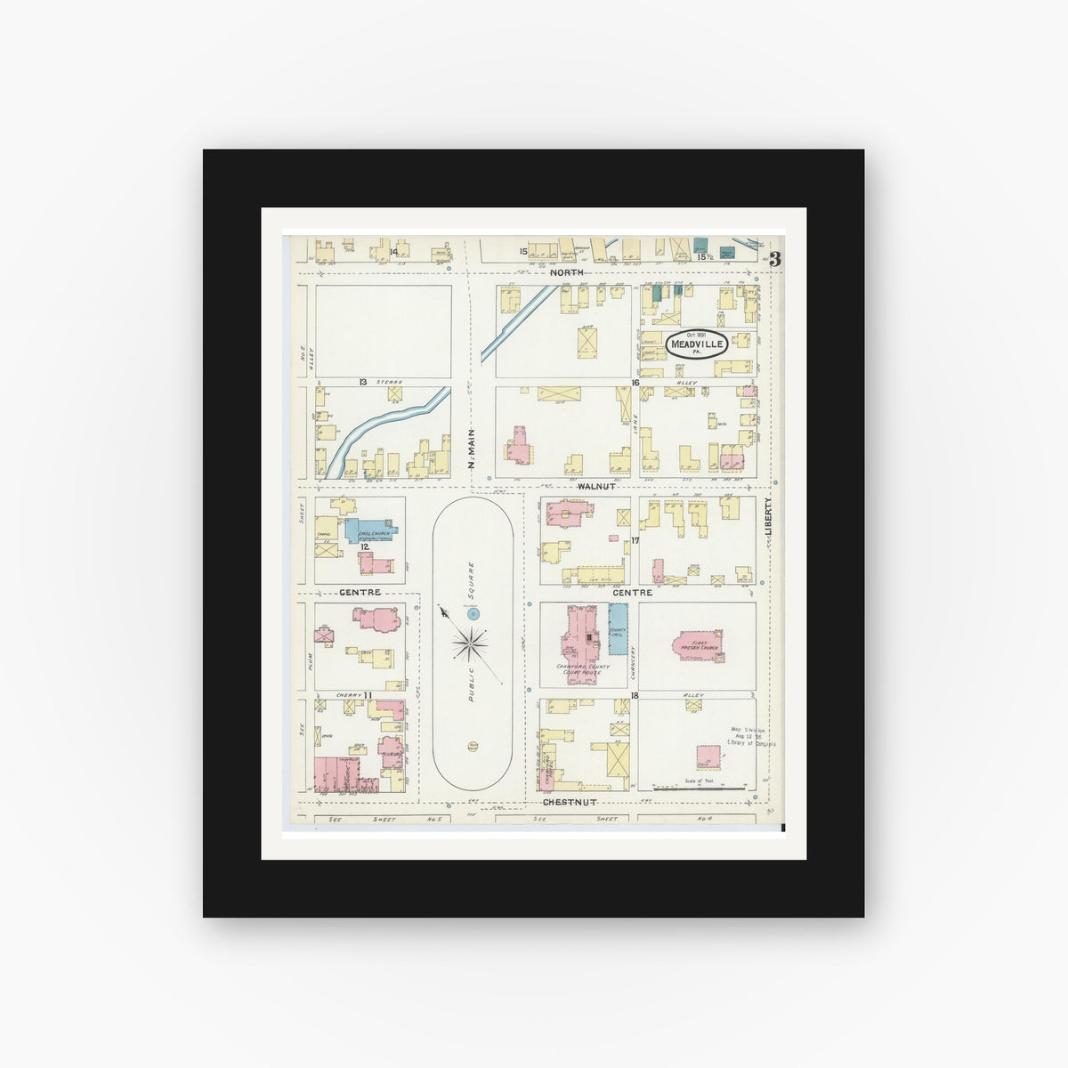Old map wall art mockup — black gallery frame with white mat — Sanborn Fire Insurance Map from Meadville, Crawford County, Pennsylvania (1891), Sheet #0003