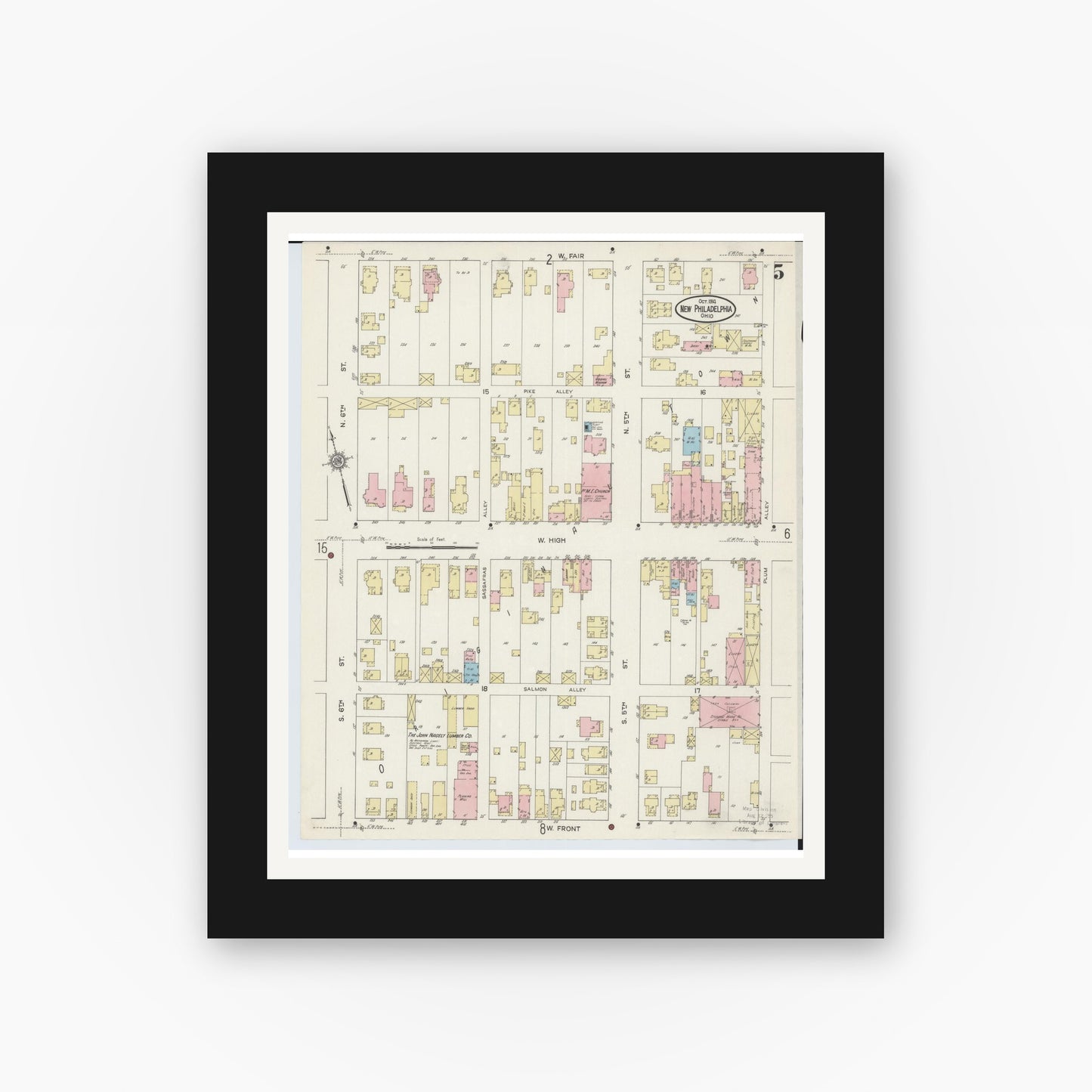 Old map wall art mockup — black gallery frame with white mat — Sanborn Fire Insurance Map from New Philadelphia, Tuscarawas County, Ohio (1914), Sheet #0005