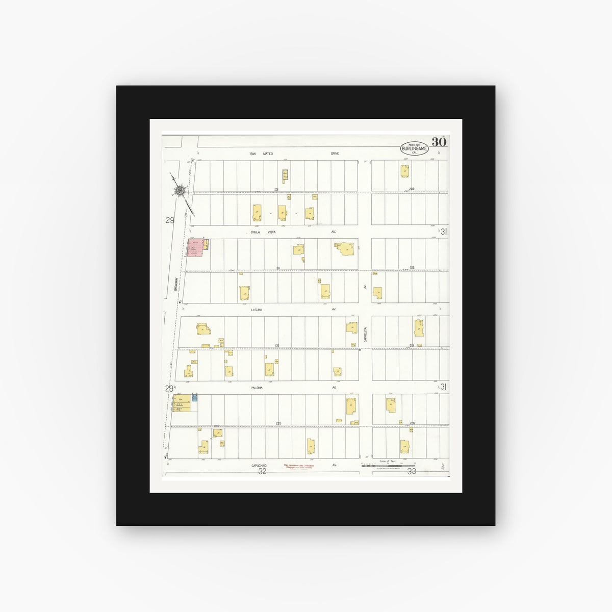 Old map wall art mockup — black gallery frame with white mat — Sanborn Fire Insurance Map from Burlingame, San Mateo County, California (1921), Sheet #0030