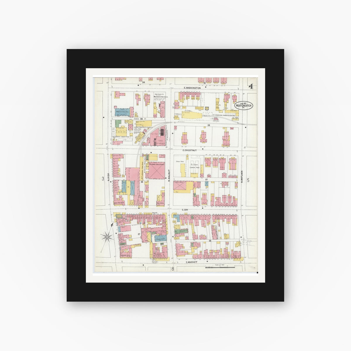 Old map wall art mockup — black gallery frame with white mat — Sanborn Fire Insurance Map from West Chester, Chester County, Pennsylvania (1902), Sheet #0004