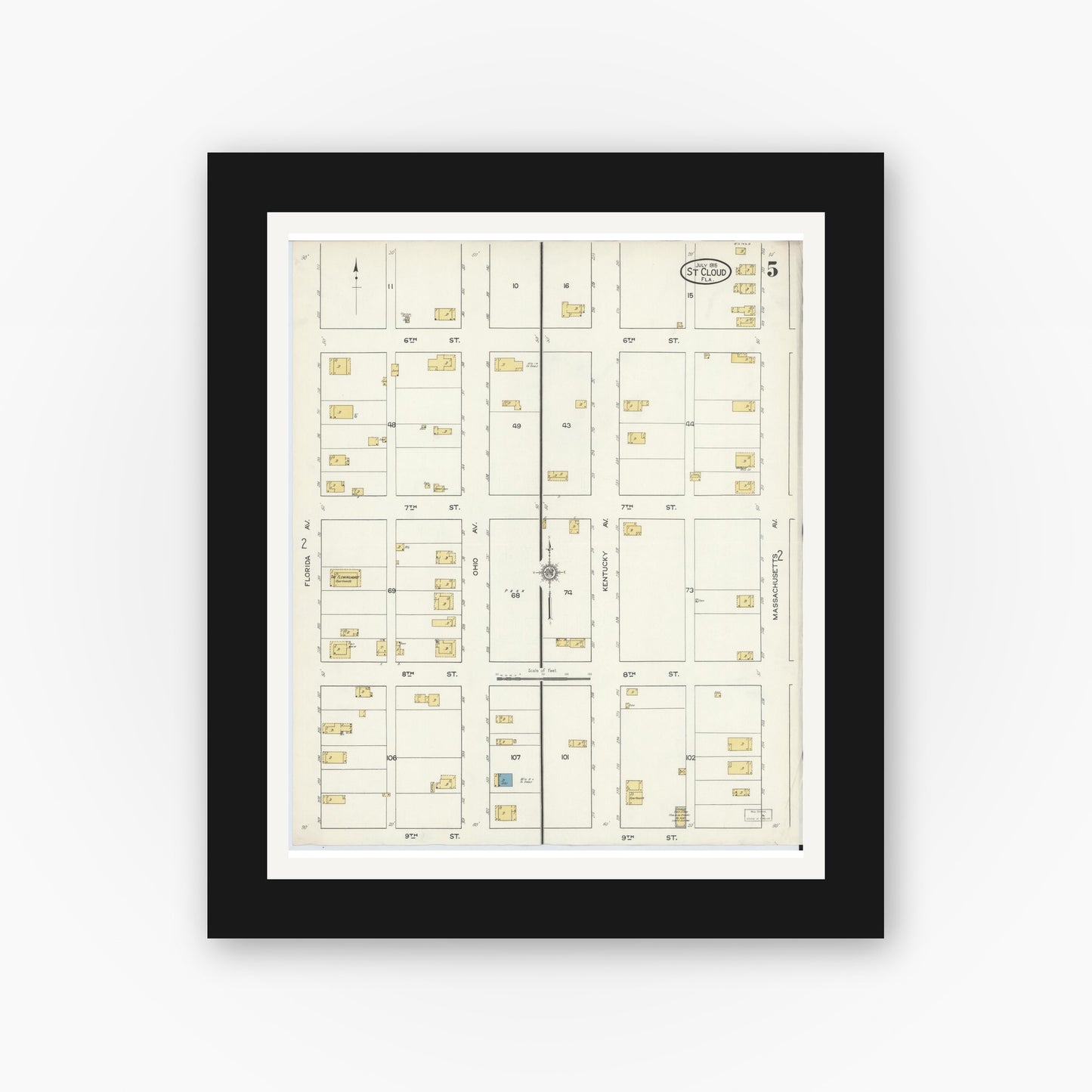 Old map wall art mockup — black gallery frame with white mat — Sanborn Fire Insurance Map from Saint Cloud, Osceola County, Florida (1915), Sheet #0005