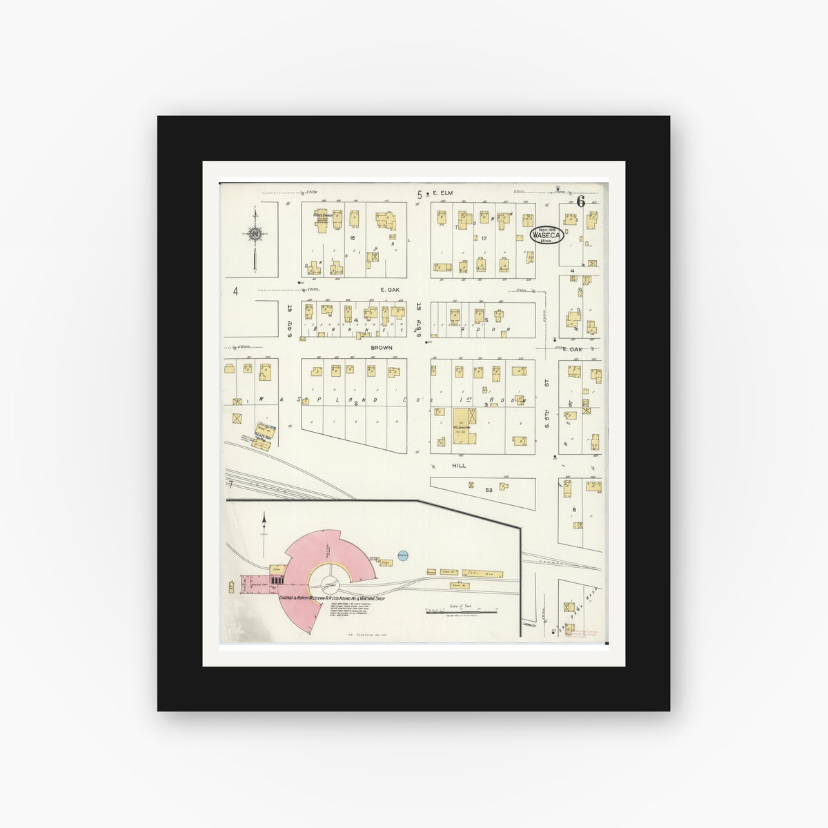 Old map wall art mockup — black gallery frame with white mat — Sanborn Fire Insurance Map from Waseca, Waseca County, Minnesota (1919), Sheet #0006