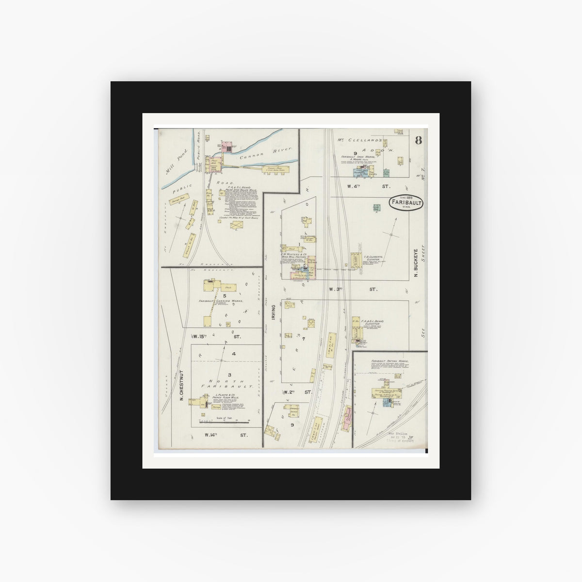 Old map wall art mockup — black gallery frame with white mat — Sanborn Fire Insurance Map from Faribault, Rice County, Minnesota (1889), Sheet #0008