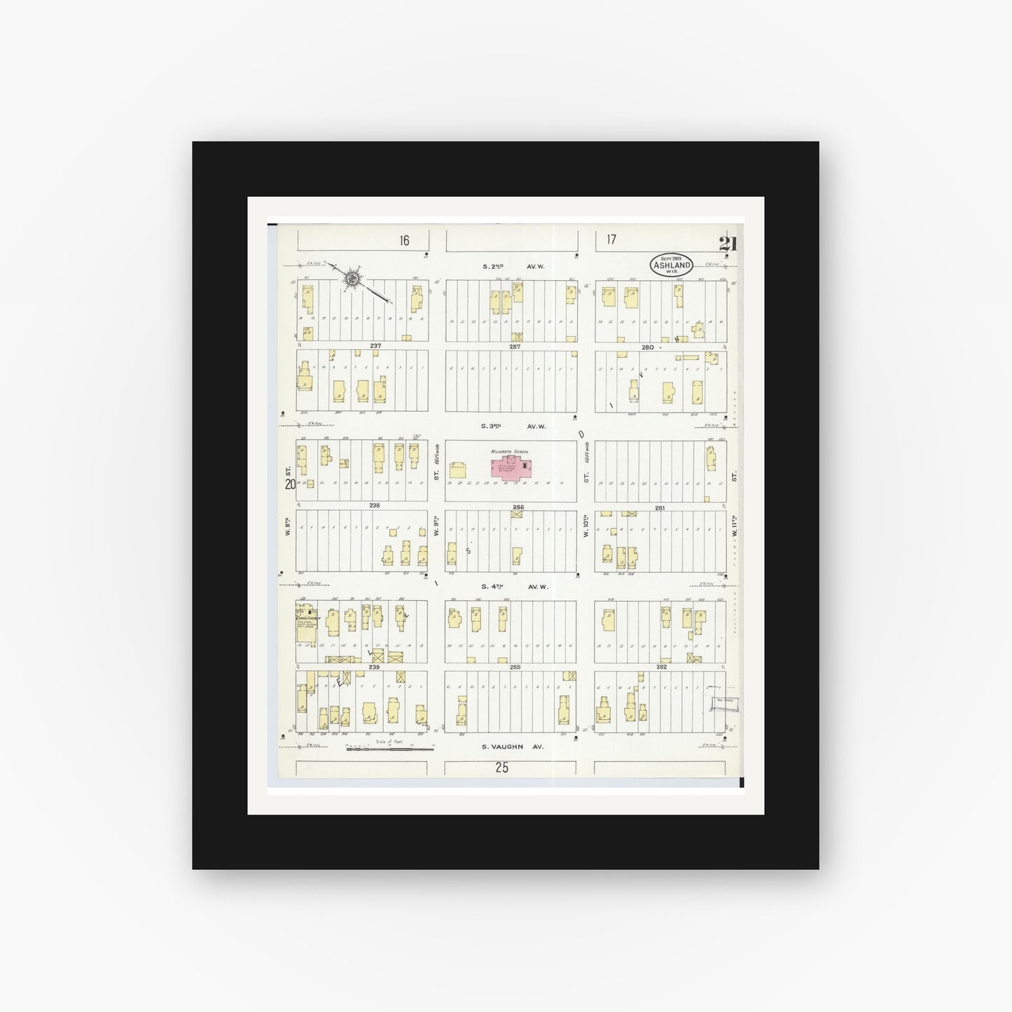 Old map wall art mockup — black gallery frame with white mat — Sanborn Fire Insurance Map from Ashland, Ashland County, Wisconsin (1909), Sheet #0021