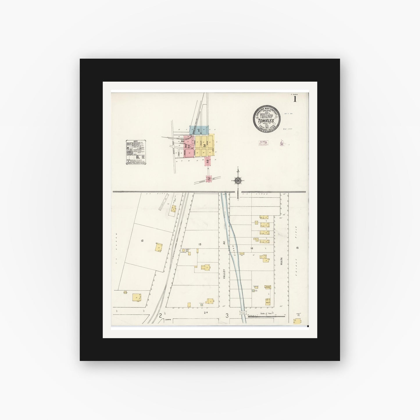 Old map wall art mockup — black gallery frame with white mat — Sanborn Fire Insurance Map from Tomales, Marin County, California (1911) - Complete Map Set