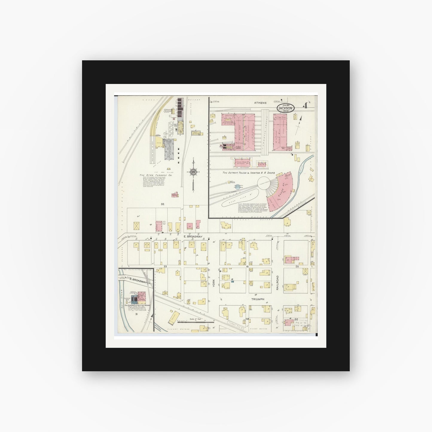 Old map wall art mockup — black gallery frame with white mat — Sanborn Fire Insurance Map from Jackson, Jackson County, Ohio (1914), Sheet #0004