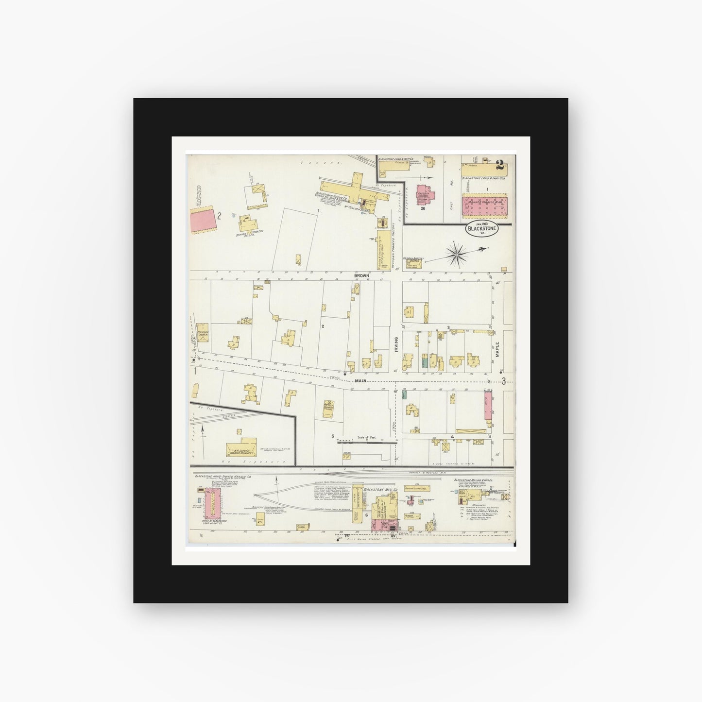 Old map wall art mockup — black gallery frame with white mat — Sanborn Fire Insurance Map from Blackstone, Nottoway County, Virginia (1903), Sheet #0002