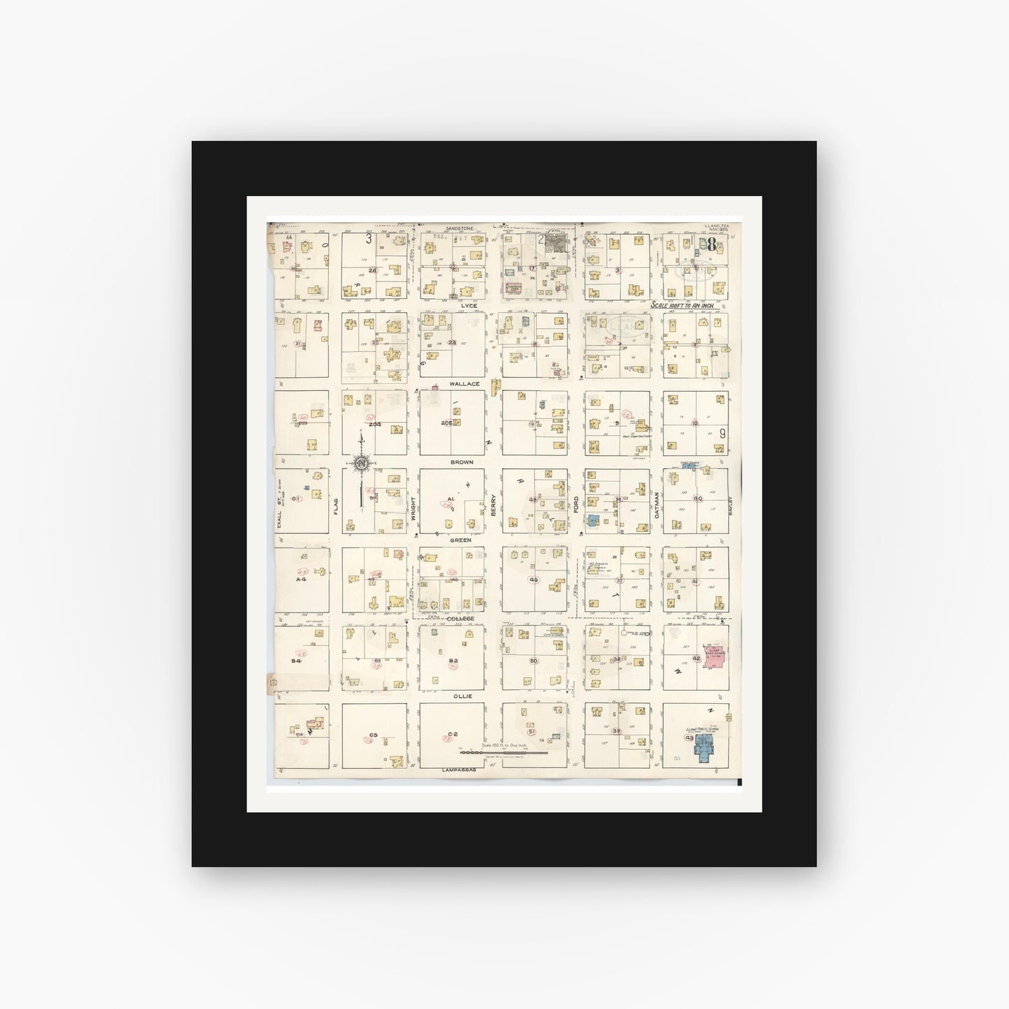 Old map wall art mockup — black gallery frame with white mat — Sanborn Fire Insurance Map from Llano, Llano County, Texas (1942), Sheet #0008