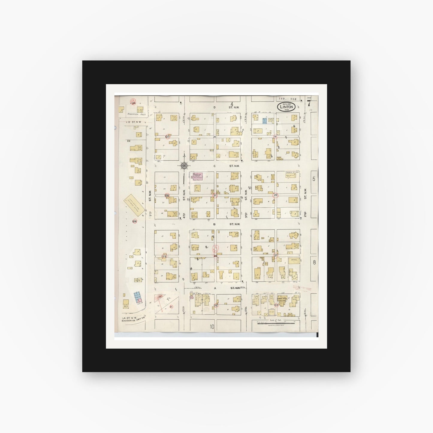 Old map wall art mockup — black gallery frame with white mat — Sanborn Fire Insurance Map from Linton, Greene County, Indiana (1948), Sheet #0007