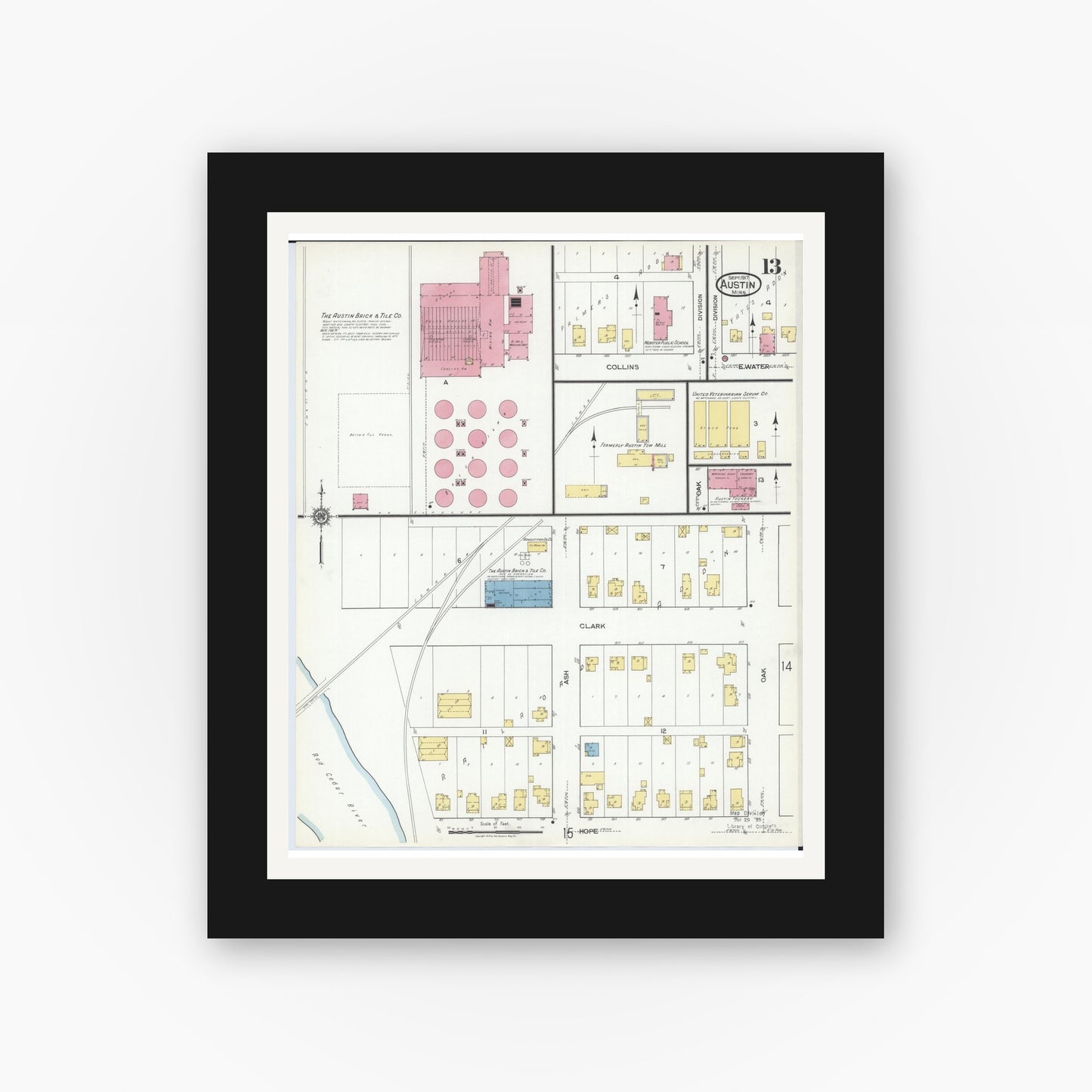 Old map wall art mockup — black gallery frame with white mat — Sanborn Fire Insurance Map from Austin, Mower County, Minnesota (1917), Sheet #0013