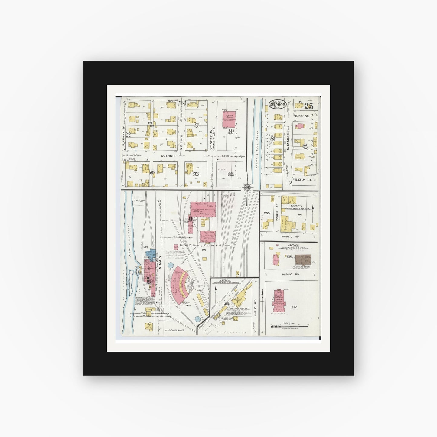 Old map wall art mockup — black gallery frame with white mat — Sanborn Fire Insurance Map from Delphos, Van Wert And Allen Counties, Ohio (1921), Sheet #0025