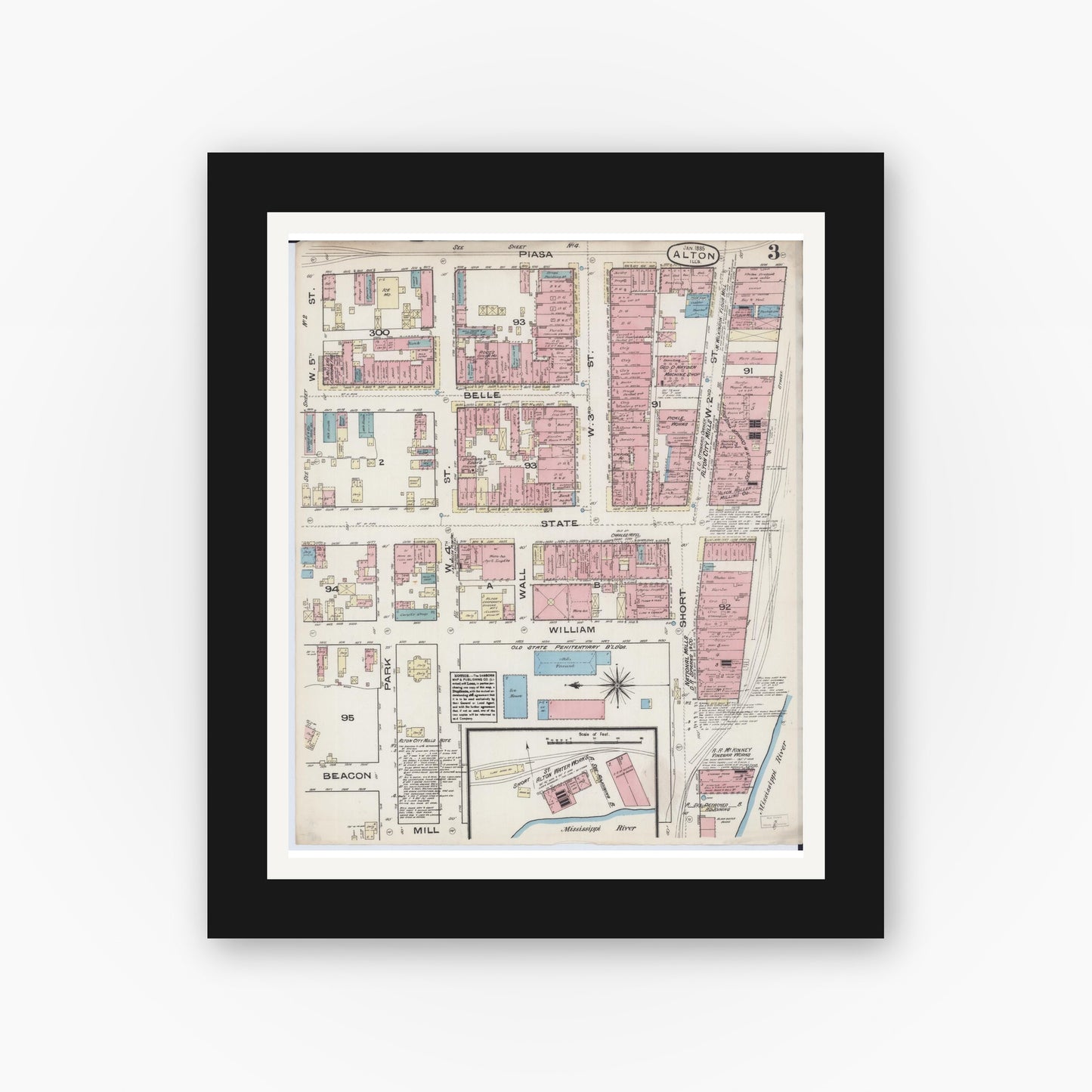 Old map wall art mockup — black gallery frame with white mat — Sanborn Fire Insurance Map from Alton, Madison County, Illinois (1885), Sheet #0003