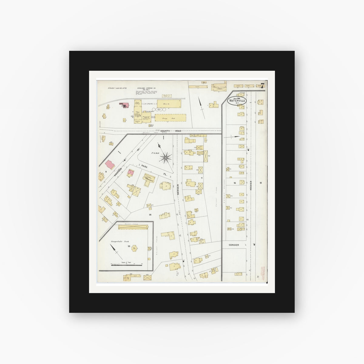 Old map wall art mockup — black gallery frame with white mat — Sanborn Fire Insurance Map from Waterville, Oneida County, New York (1906), Sheet #0007