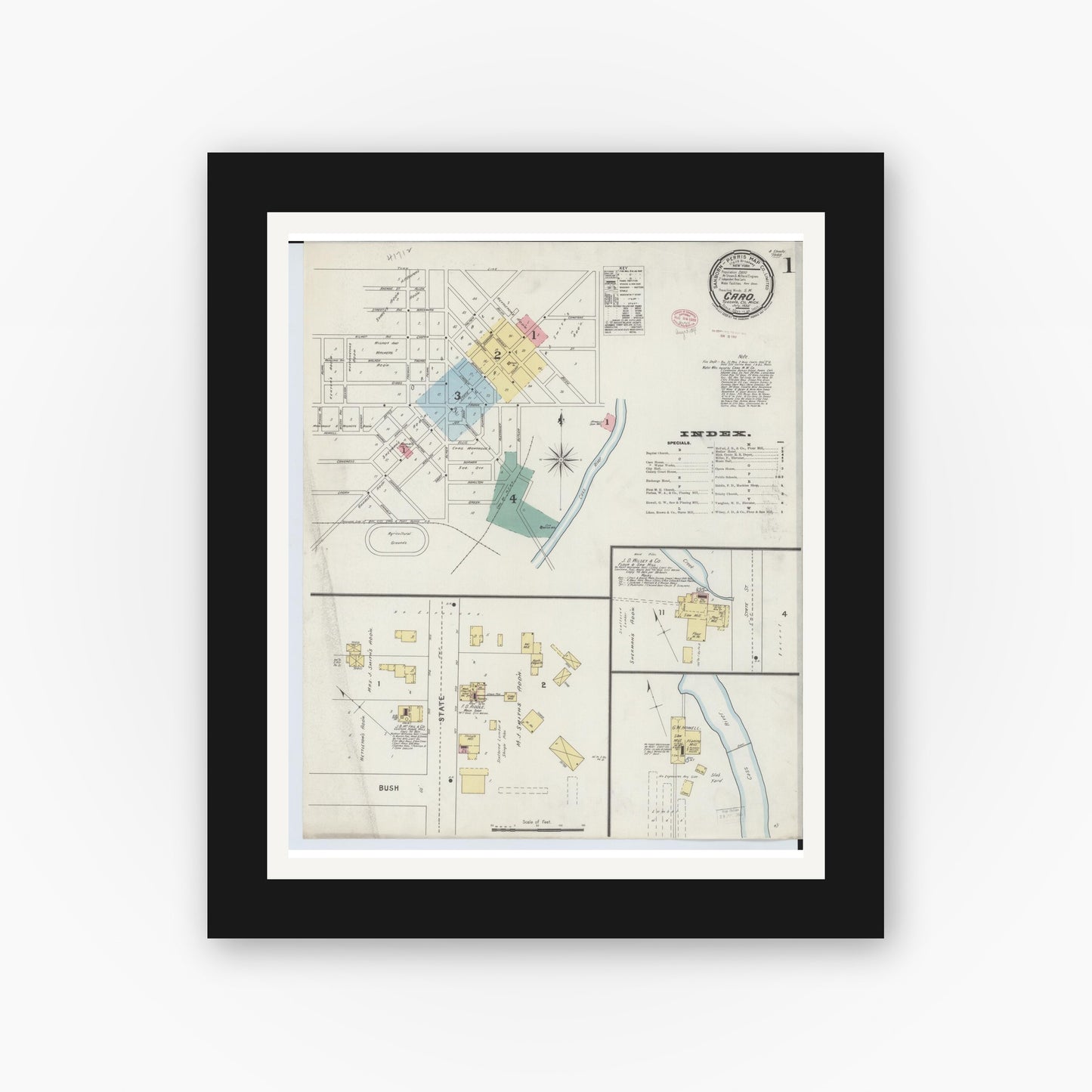 Old map wall art mockup — black gallery frame with white mat — Sanborn Fire Insurance Map from Caro, Tuscola County, Michigan (1895) - Complete Map Set