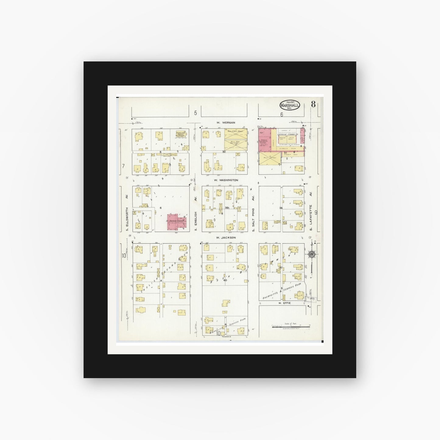 Old map wall art mockup — black gallery frame with white mat — Sanborn Fire Insurance Map from Marshall, Saline County, Missouri (1917), Sheet #0008
