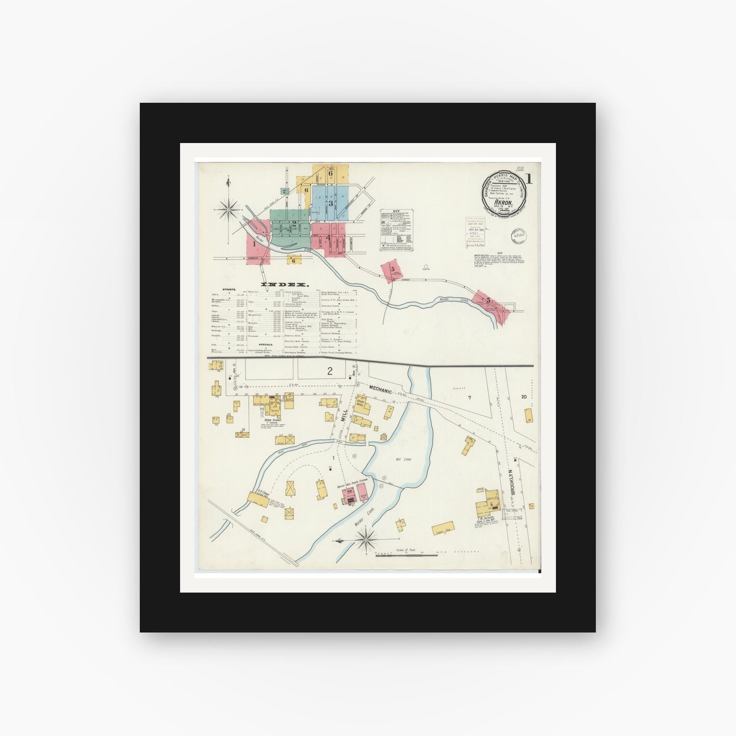 Old map wall art mockup — black gallery frame with white mat — Sanborn Fire Insurance Map from Akron, Erie County, New York (1900) - Complete Map Set