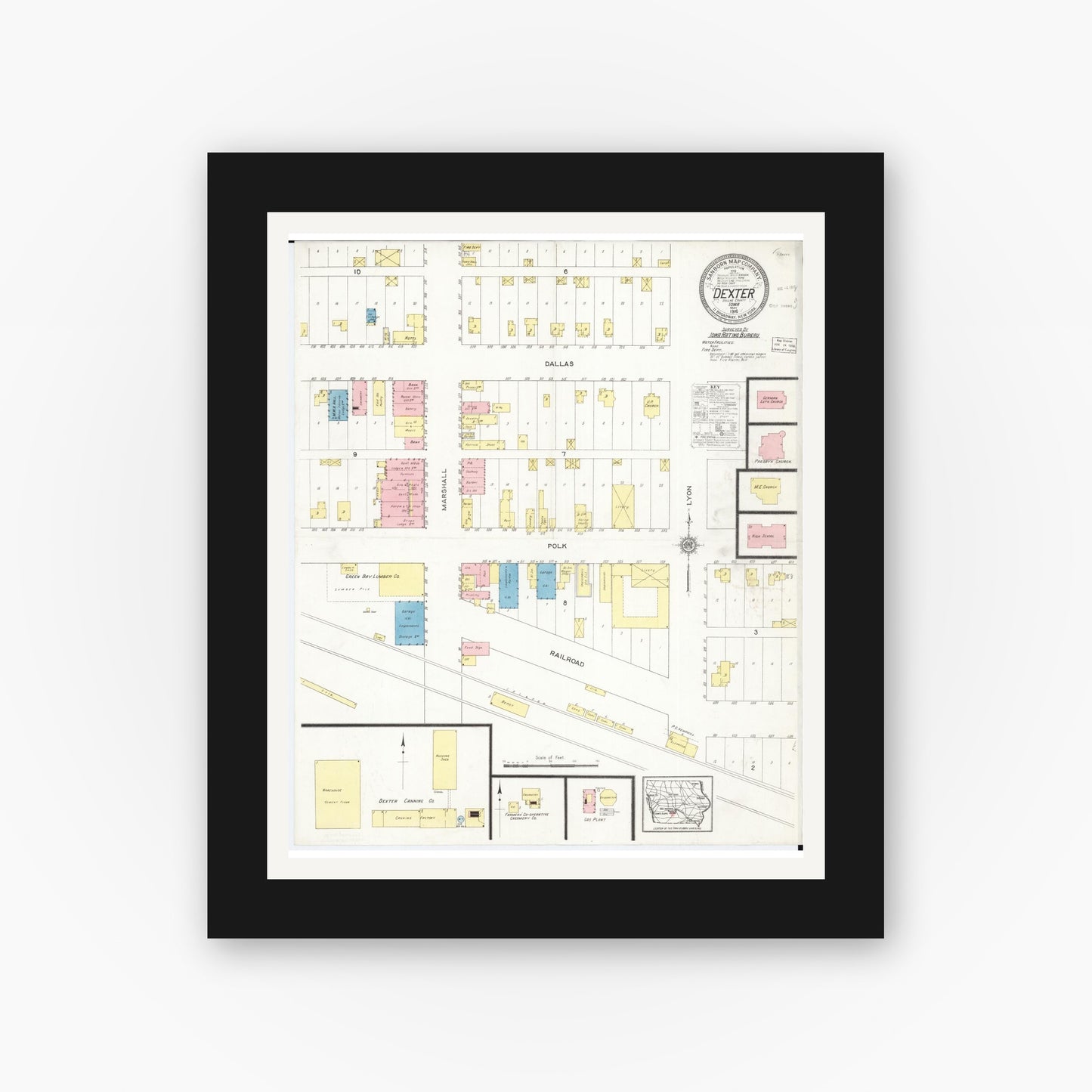 Old map wall art mockup — black gallery frame with white mat — Sanborn Fire Insurance Map from Dexter, Dallas County, Iowa (1916), Sheet #0001