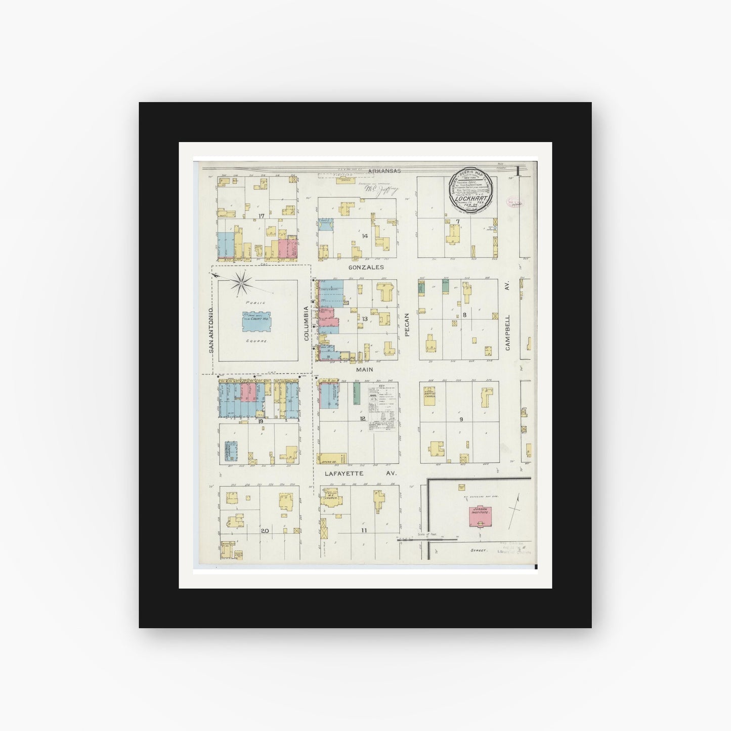 Old map wall art mockup — black gallery frame with white mat — Sanborn Fire Insurance Map from Lockhart, Caldwell County, Texas (1894), Sheet #0001