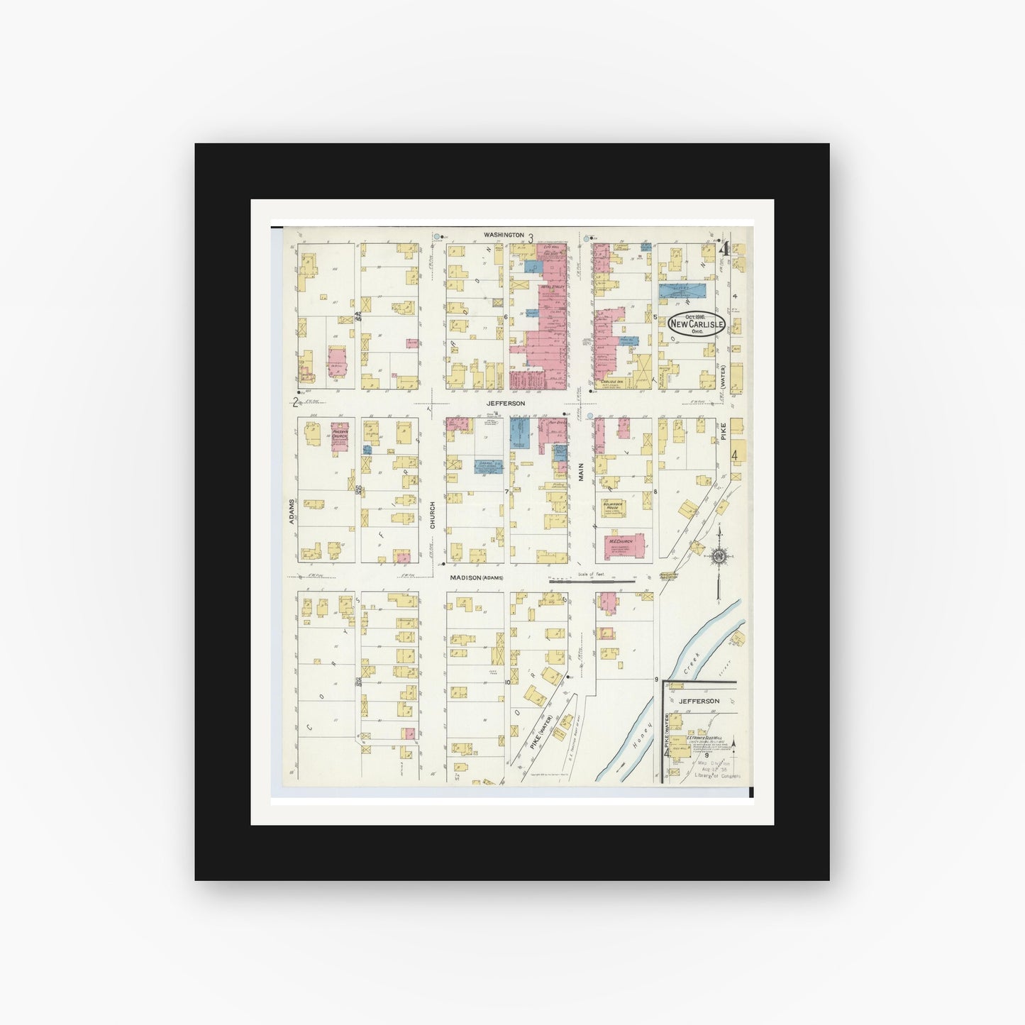 Old map wall art mockup — black gallery frame with white mat — Sanborn Fire Insurance Map from New Carlisle, Clarke County, Ohio (1916), Sheet #0004