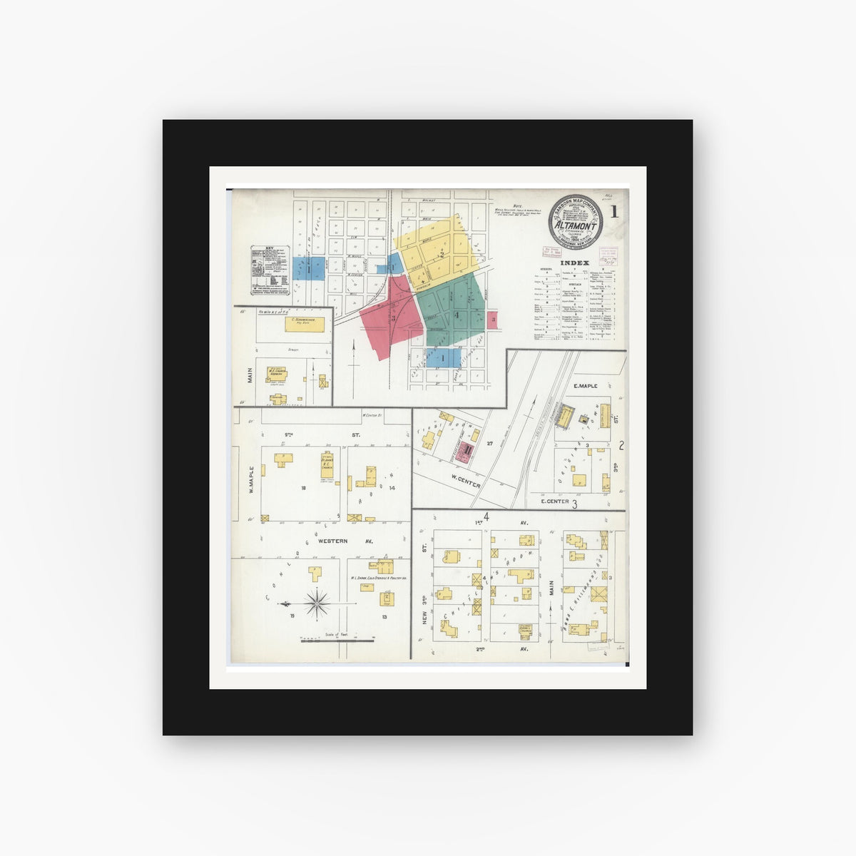 Old map wall art mockup — black gallery frame with white mat — Sanborn Fire Insurance Map from Altamont, Effingham County, Illinois (1906) - Complete Map Set
