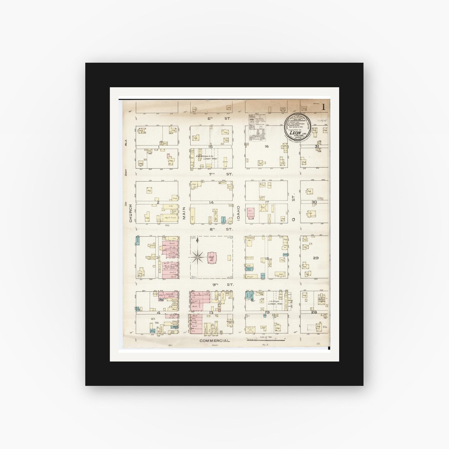 Old map wall art mockup — black gallery frame with white mat — Sanborn Fire Insurance Map from Leon, Decatur County, Iowa (1886) — Complete Set