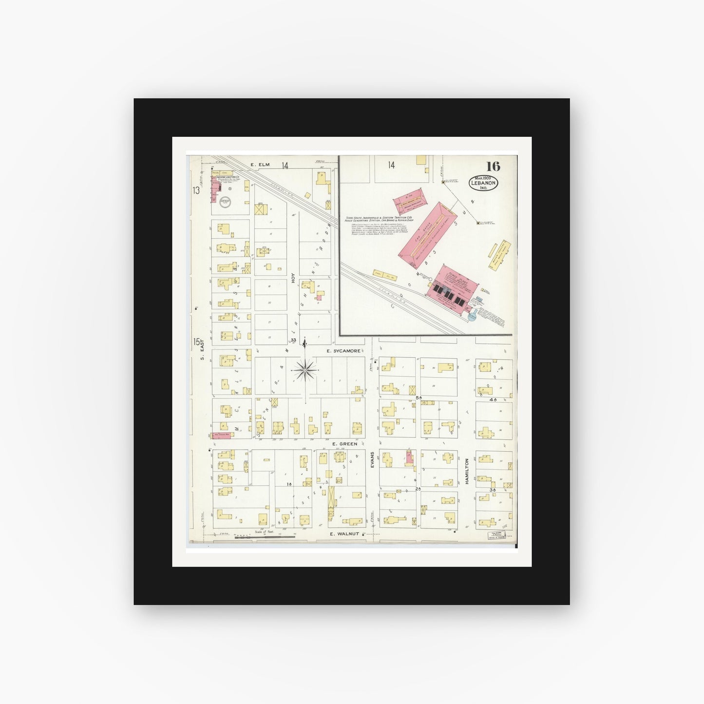 Old map wall art mockup — black gallery frame with white mat — Sanborn Fire Insurance Map from Lebanon, Boone County, Indiana (1909), Sheet #0016