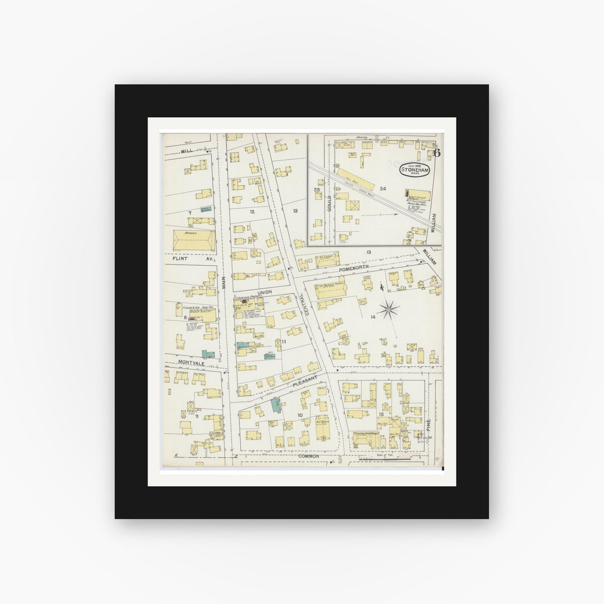 Old map wall art mockup — black gallery frame with white mat — Sanborn Fire Insurance Map from Stoneham, Middlesex County, Massachusetts (1892), Sheet #0006