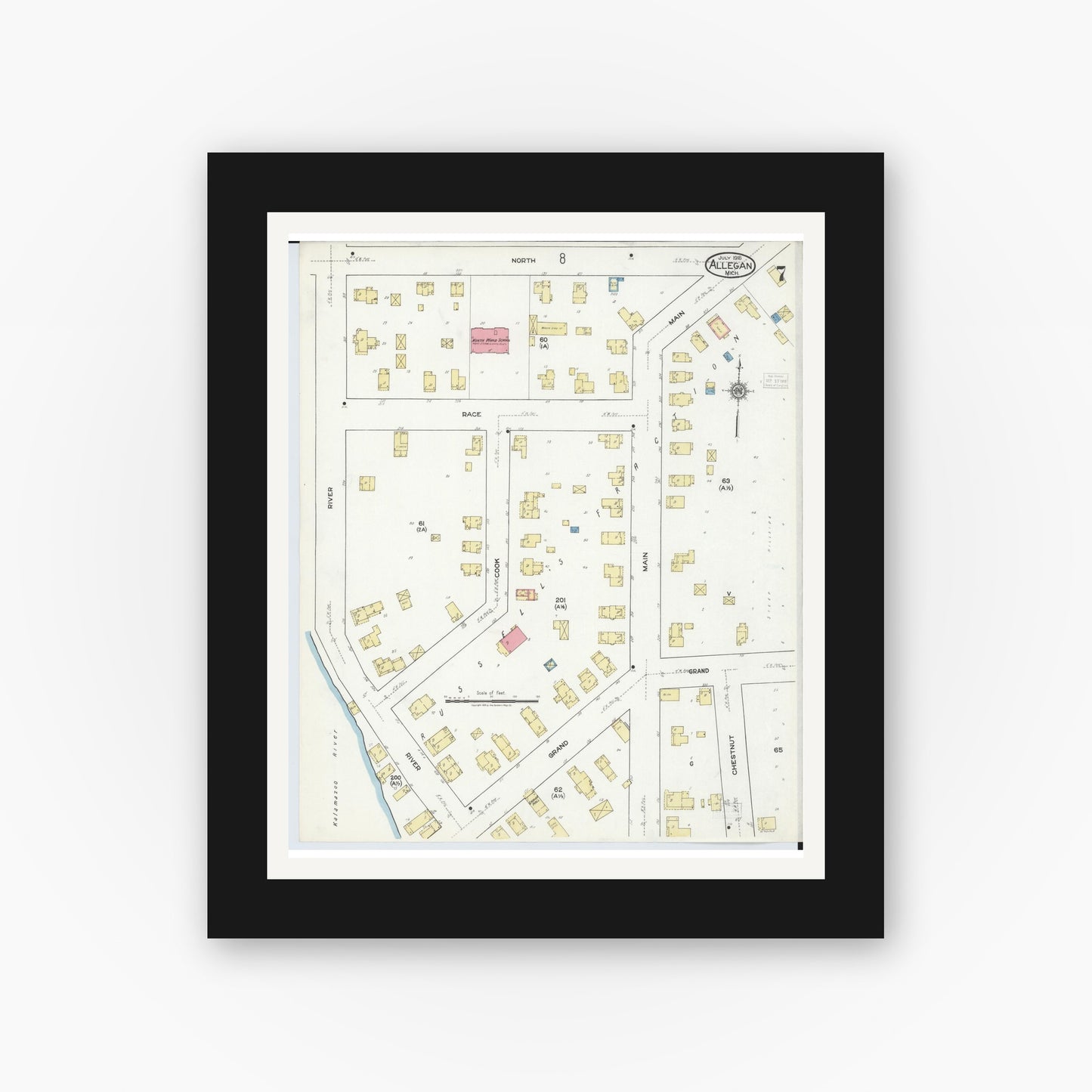 Old map wall art mockup — black gallery frame with white mat — Sanborn Fire Insurance Map from Allegan, Allegan County, Michigan (1918), Sheet #0007