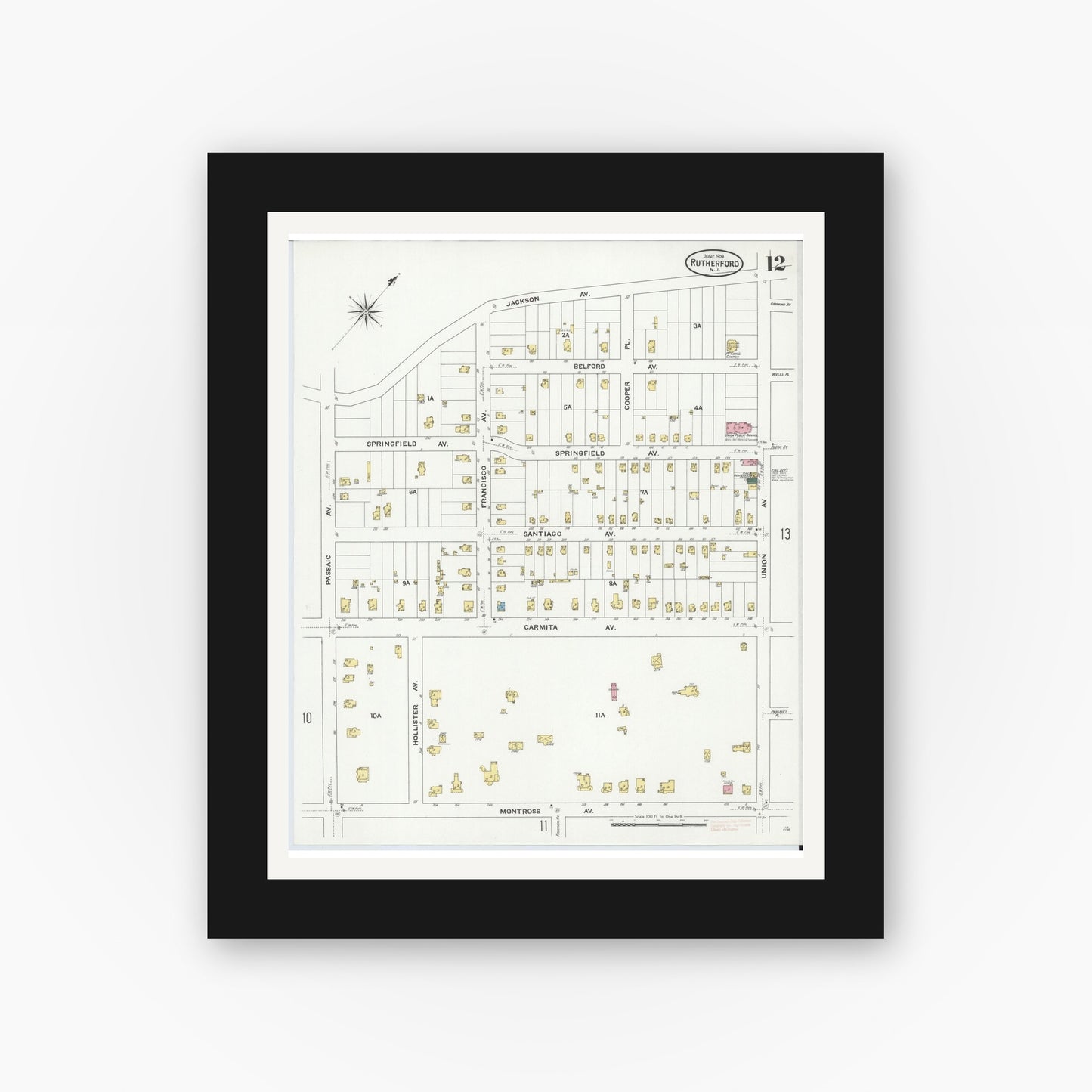 Old map wall art mockup — black gallery frame with white mat — Sanborn Fire Insurance Map from Rutherford, Bergen County, New Jersey (1909), Sheet #0012