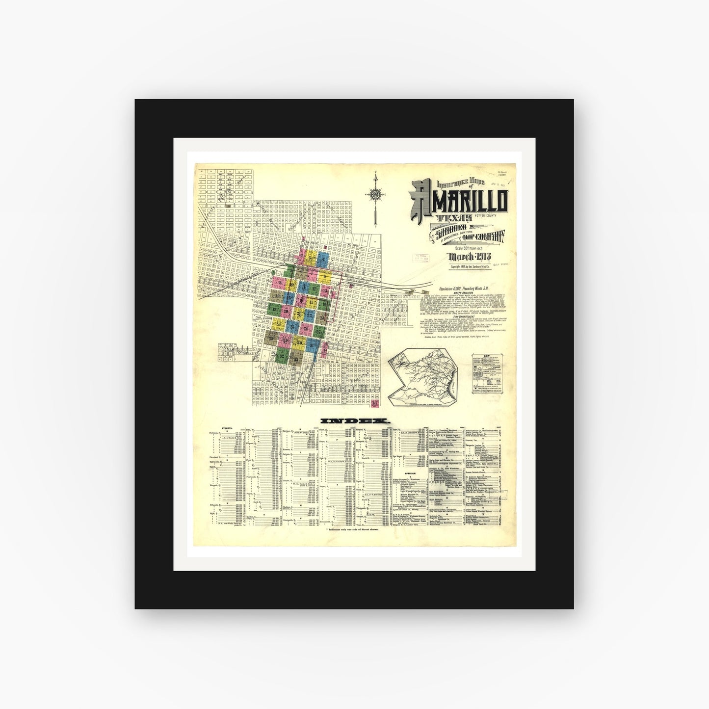 Old map wall art mockup — black gallery frame with white mat — Sanborn Fire Insurance Map from Amarillo, Potter County, Texas (1913), Sheet #0001
