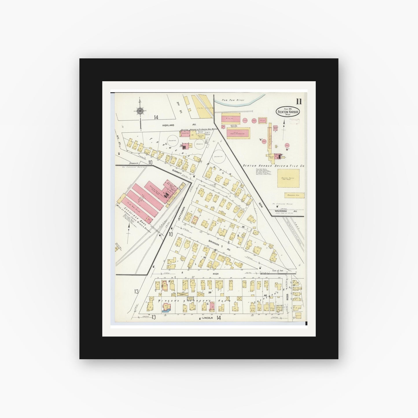 Old map wall art mockup — black gallery frame with white mat — Sanborn Fire Insurance Map from Benton Harbor, Berrien County, Michigan (1911), Sheet #0011