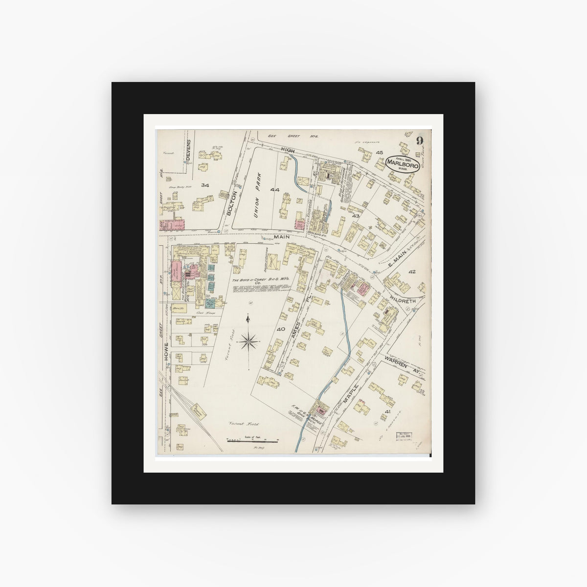 Old map wall art mockup — black gallery frame with white mat — Sanborn Fire Insurance Map from Marlborough, Middlesex County, Massachusetts (1885), Sheet #0009