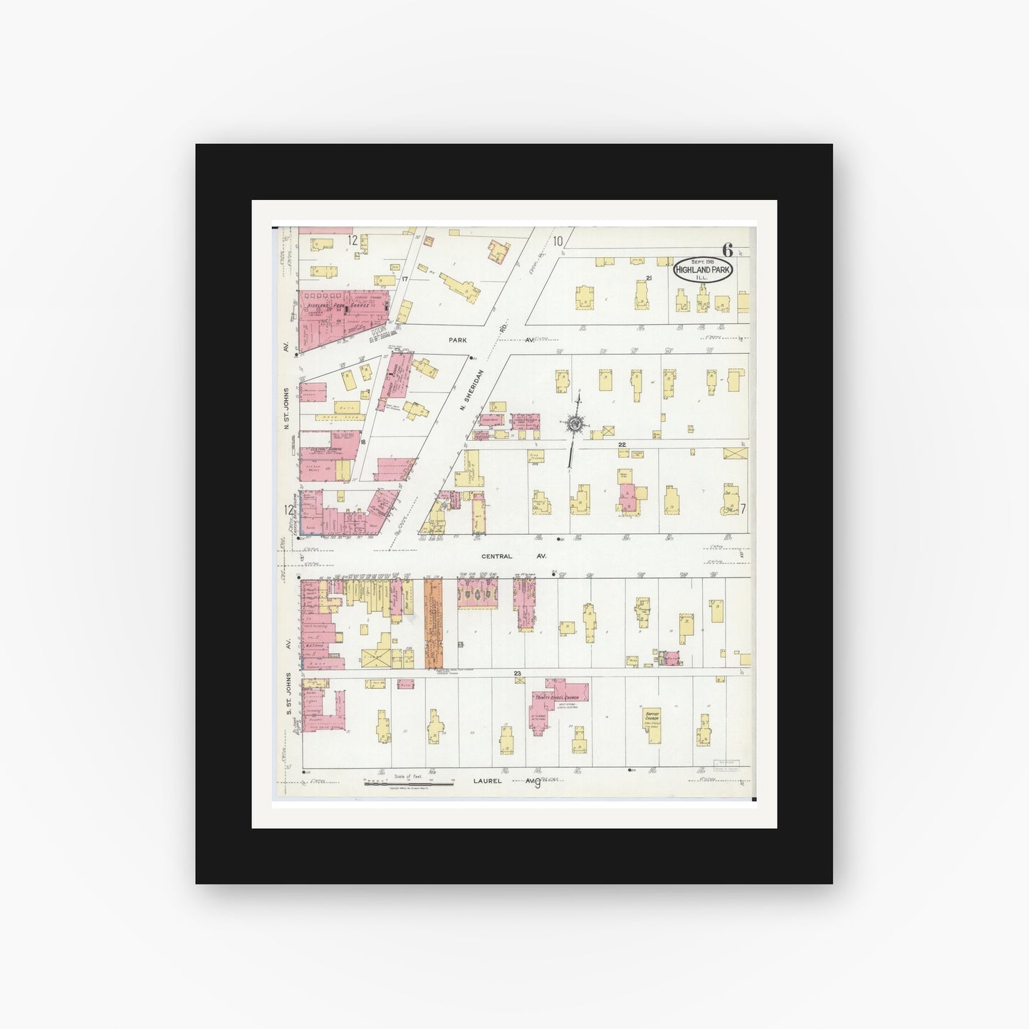 Old map wall art mockup — black gallery frame with white mat — Sanborn Fire Insurance Map from Highland Park, Lake County, Illinois (1918), Sheet #0006