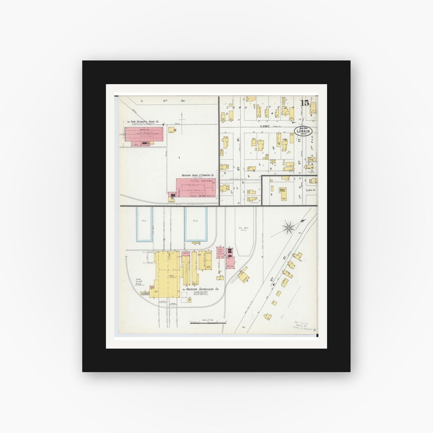 Old map wall art mockup — black gallery frame with white mat — Sanborn Fire Insurance Map from Lorain, Lorain County, Ohio (1900), Sheet #0015