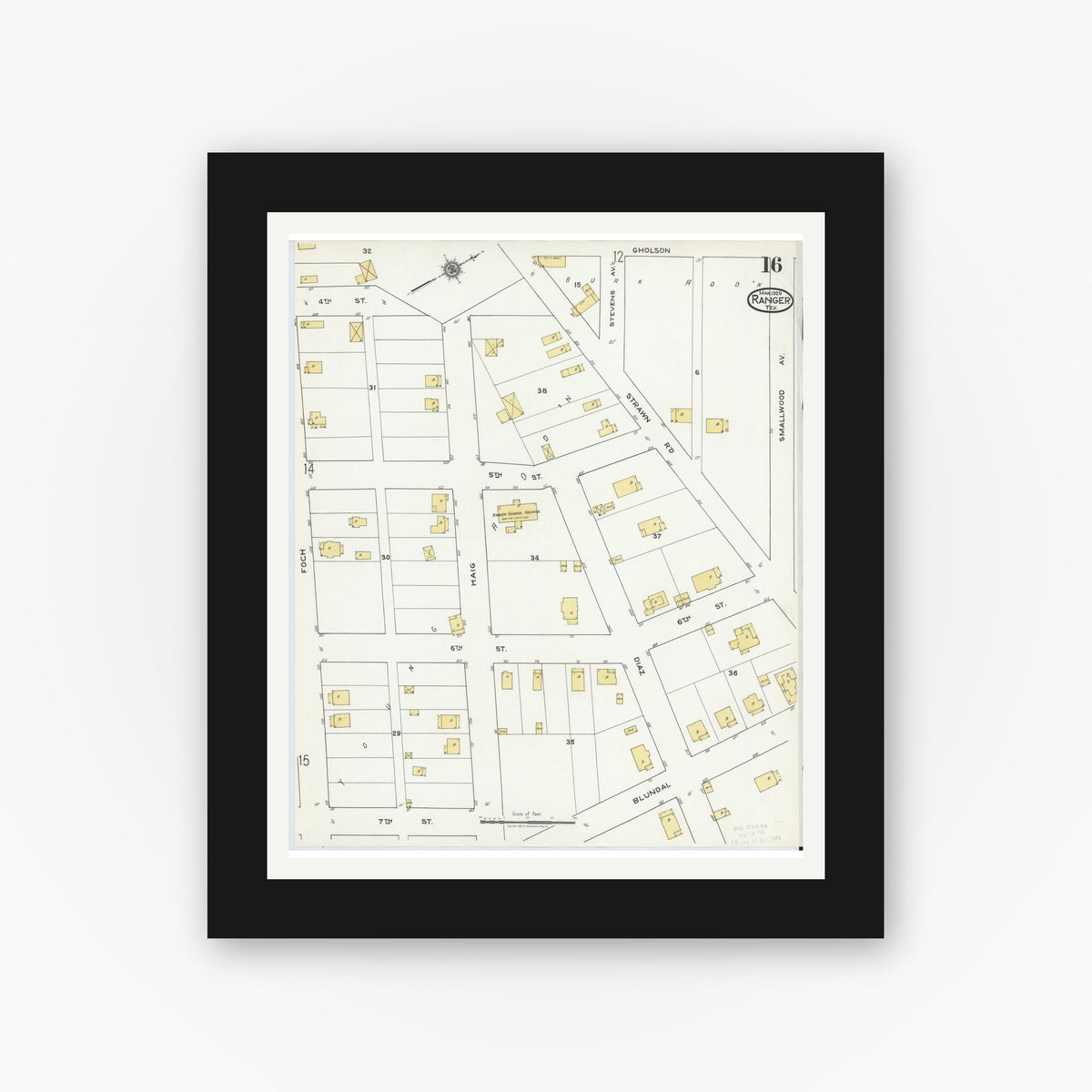 Old map wall art mockup — black gallery frame with white mat — Sanborn Fire Insurance Map from Ranger, Eastland County, Texas (1920), Sheet #0016